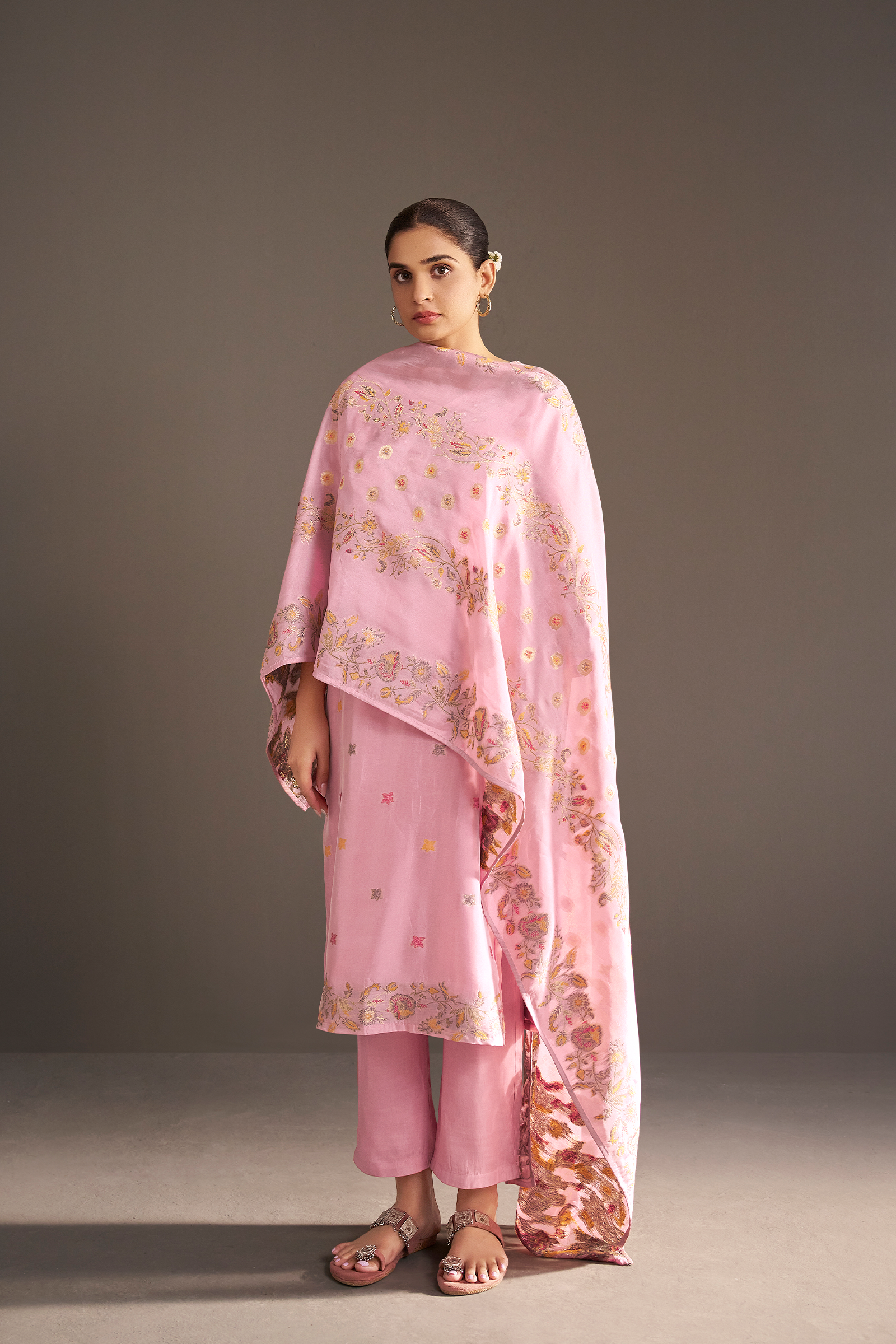 Soft Peony Chanderi Multi-Meena Work Jacquard Kurta Set