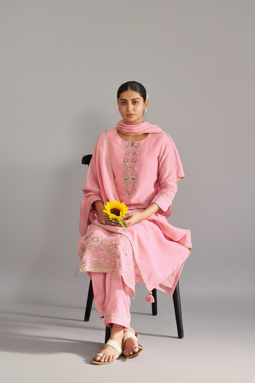 Powder Rosé Shimmer Linen Embroidered Kurta Set
