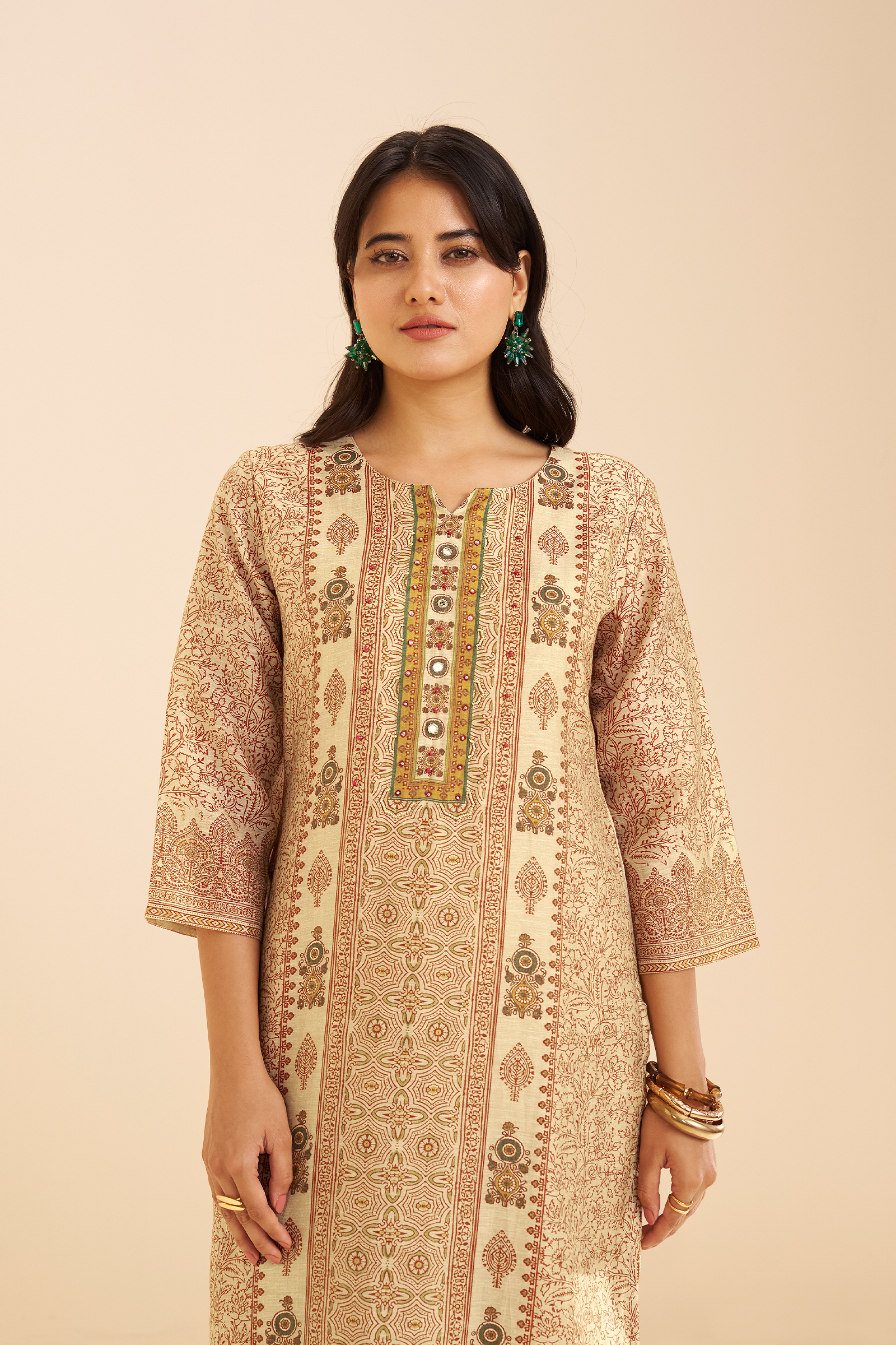 Champagne Beige Shimmer linen Digital printed Kurta Set