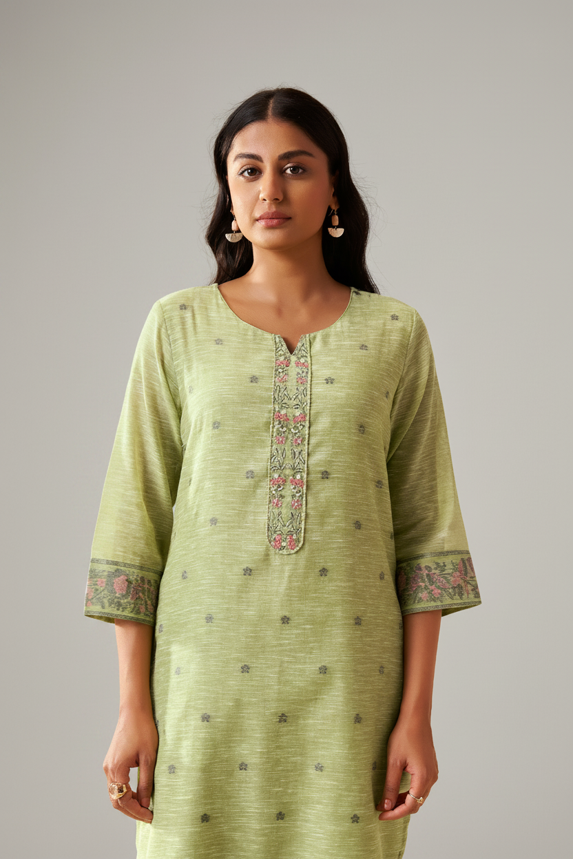 Sage Garden Linen Chanderi Jacquard Kurta Set