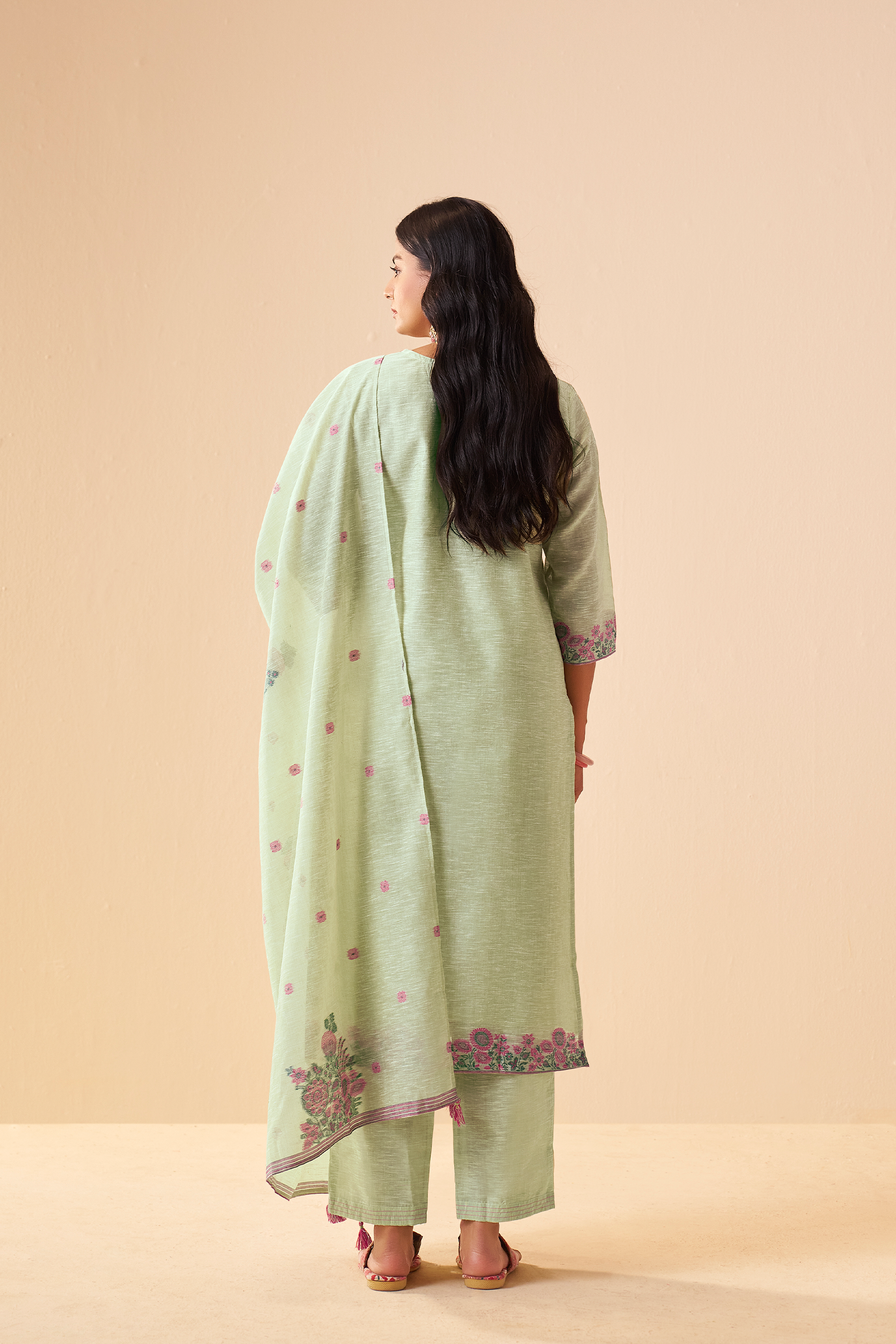 Blooming Pistachio Linen Chanderi Jacquard Kurta Set