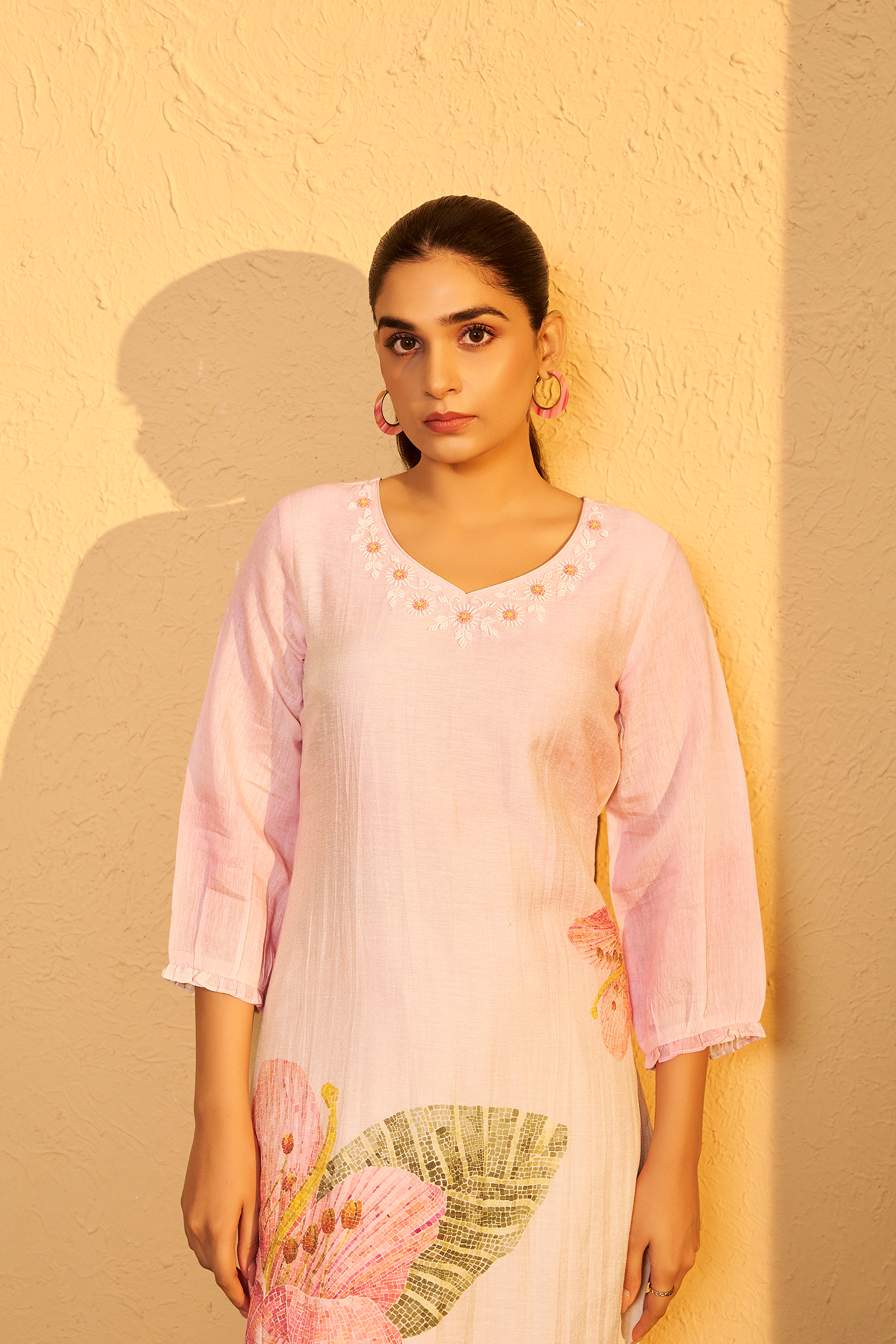 Soft Lotus Pink Shimmer Linen Digital Print Kurta Set