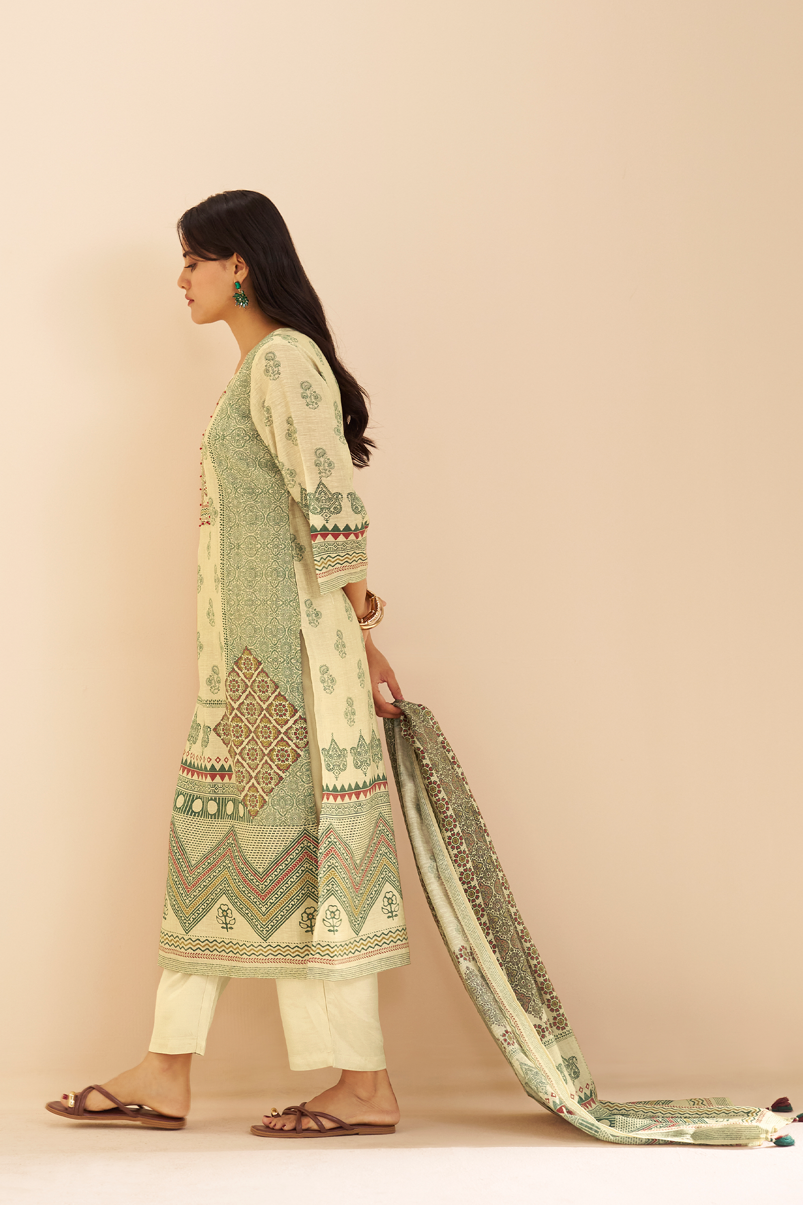 Pistachio Sage Shimmer linen Digital printed Kurta Set