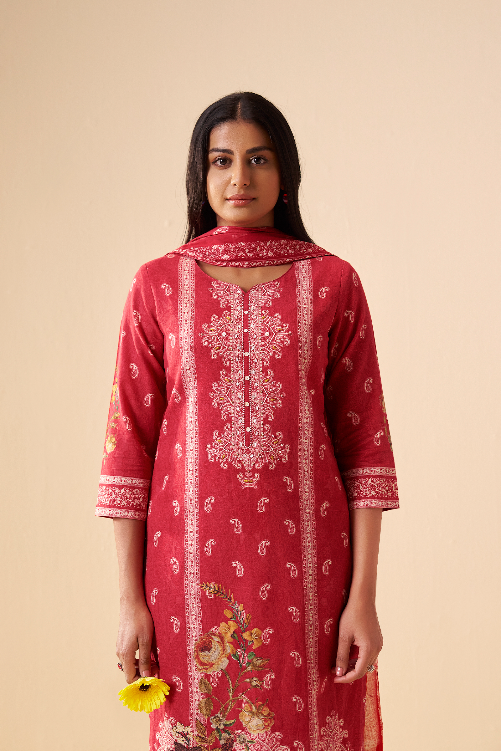 Carmine Floral Cotton Linen Digital Printed Kurta Set