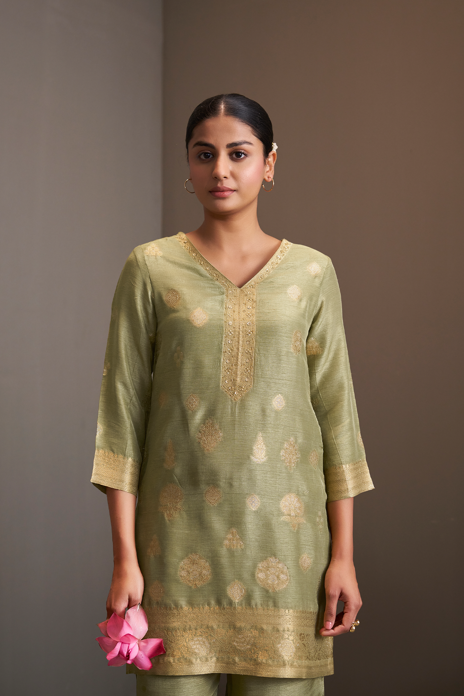 Sage Gold Linen Jacquard Co-Ord Set