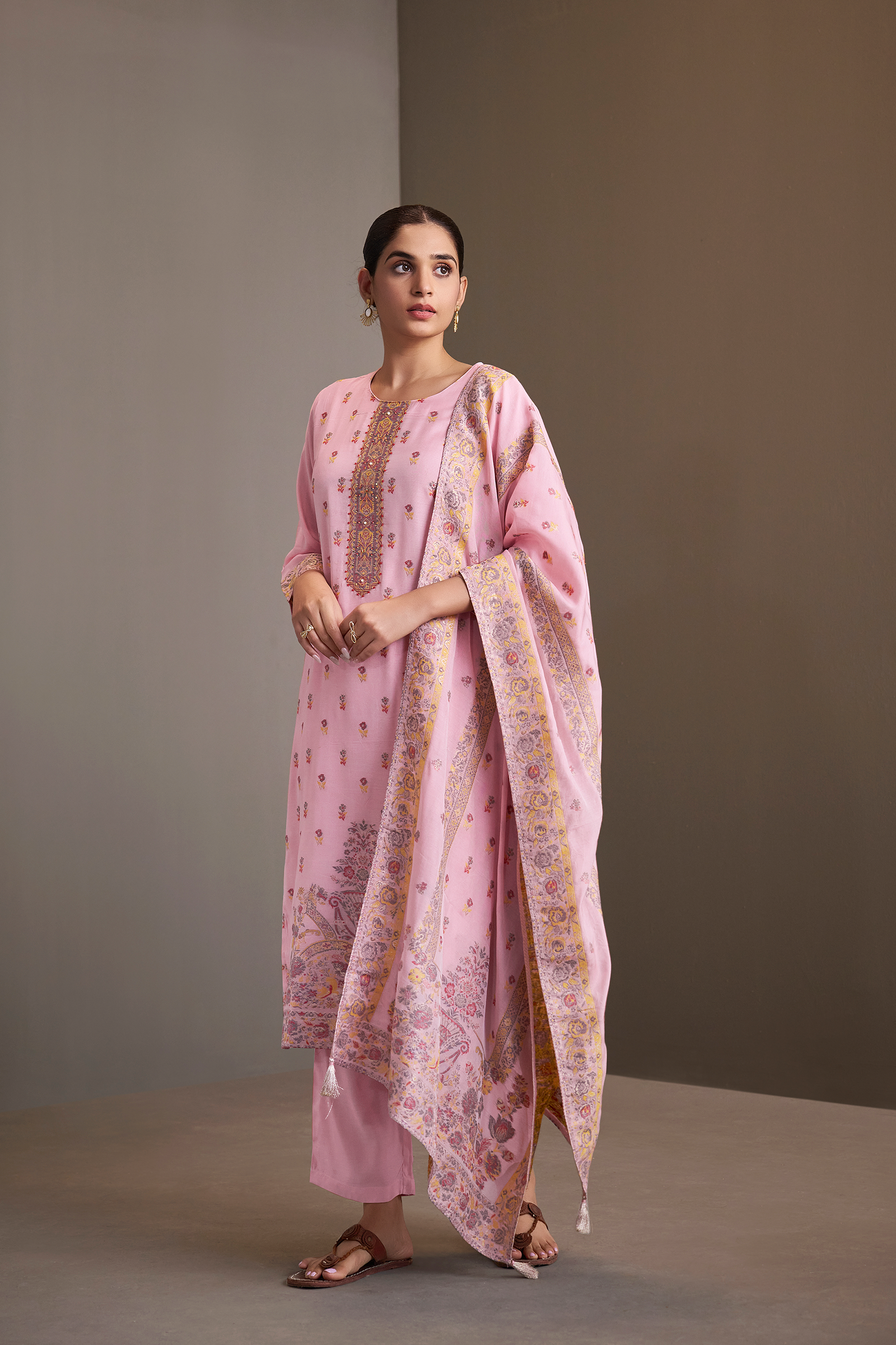 Rose Quartz Pink Chanderi Multi-Meena Work Jacquard Kurta Set