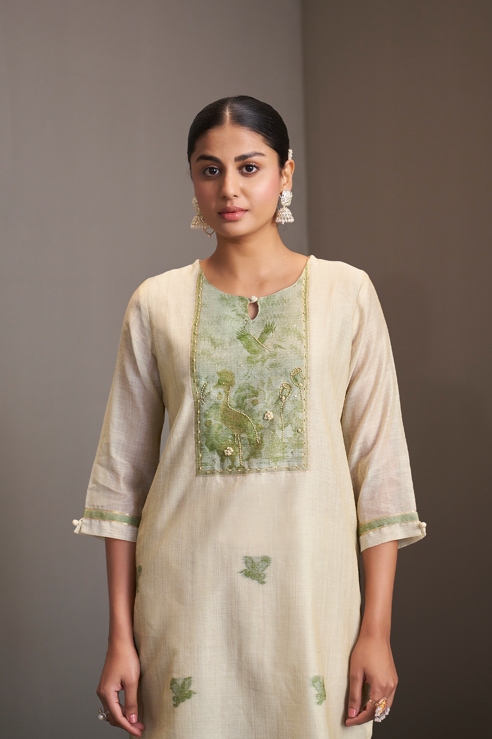 Sagewood Ivory Linen Chanderi Jacquard Kurta Set