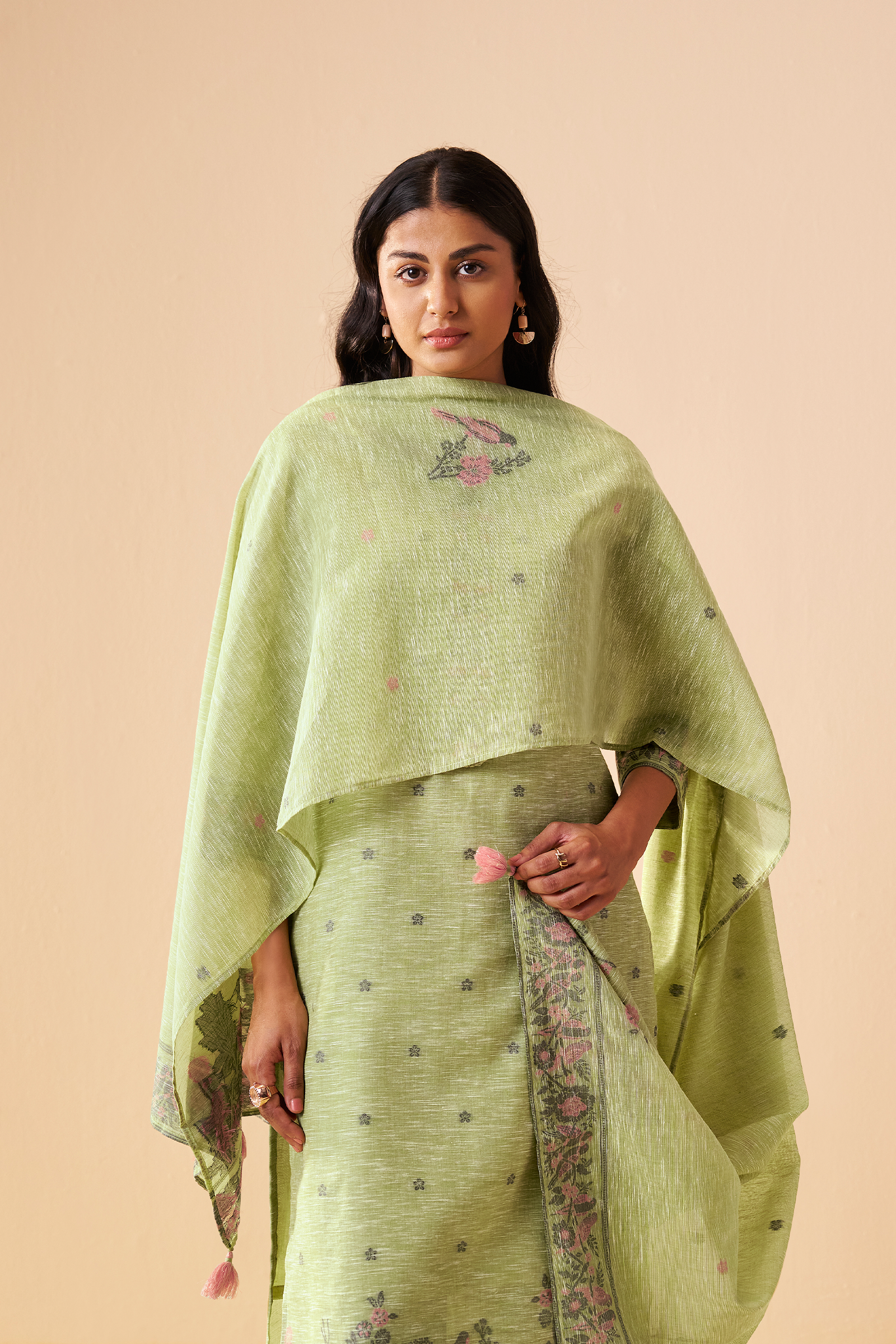 Sage Garden Linen Chanderi Jacquard Kurta Set