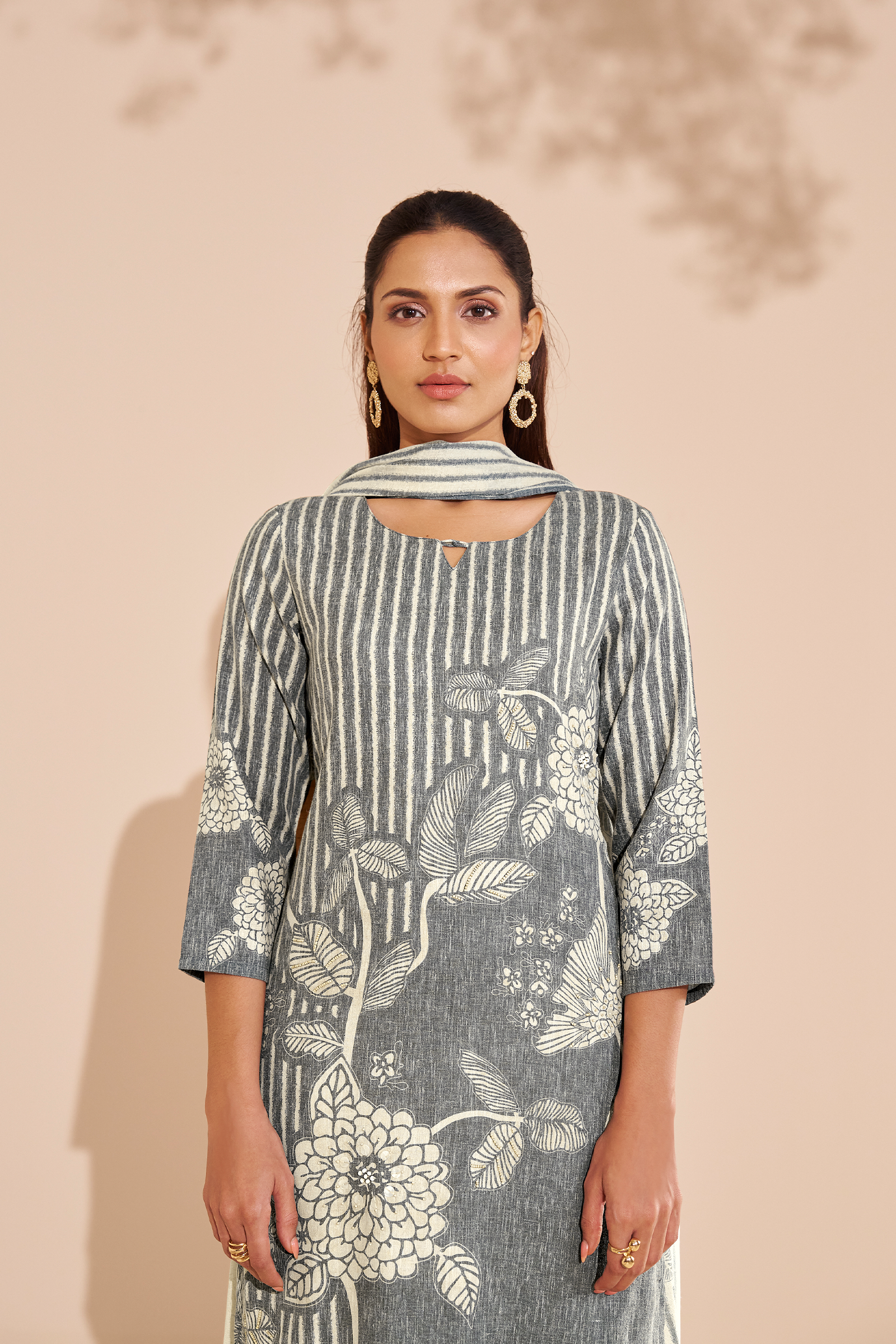 Ash Grey Cotton Linen Digital Printed Kurta Set