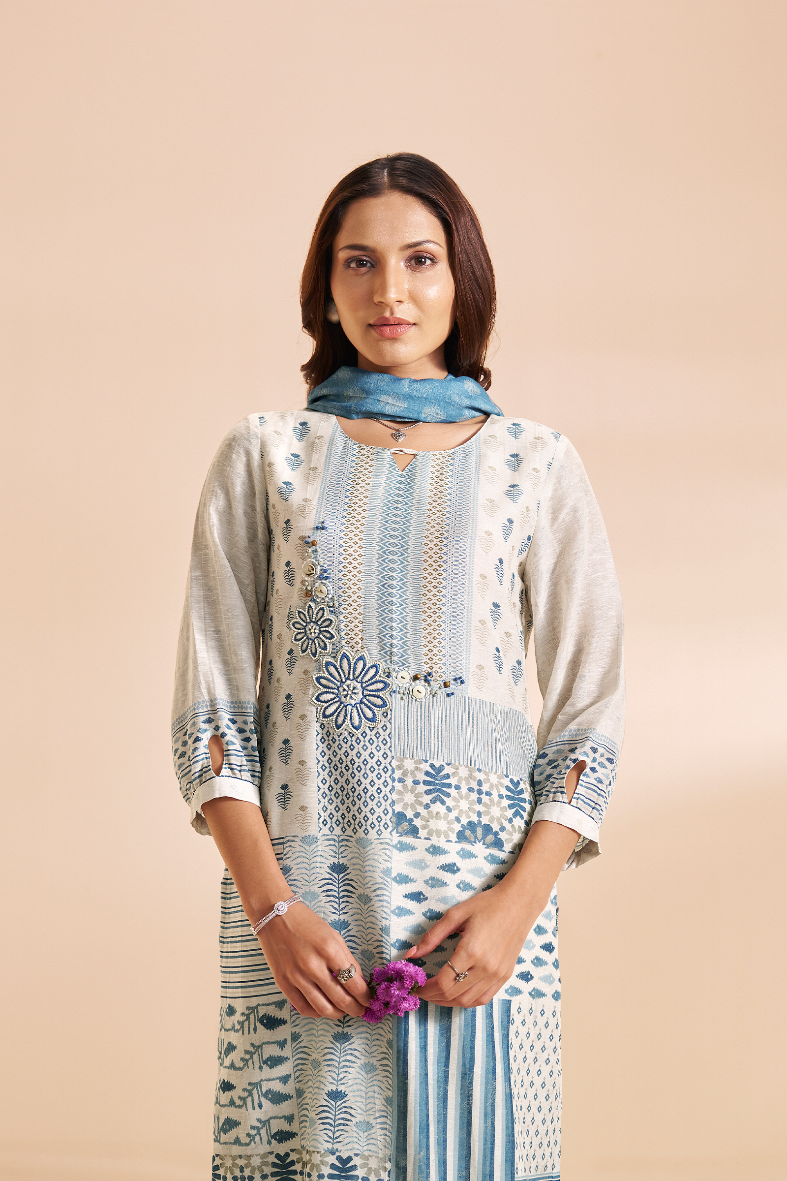 Moonstone white aqua Mosaic Pure Chanderi Digital Printed Kurta Set