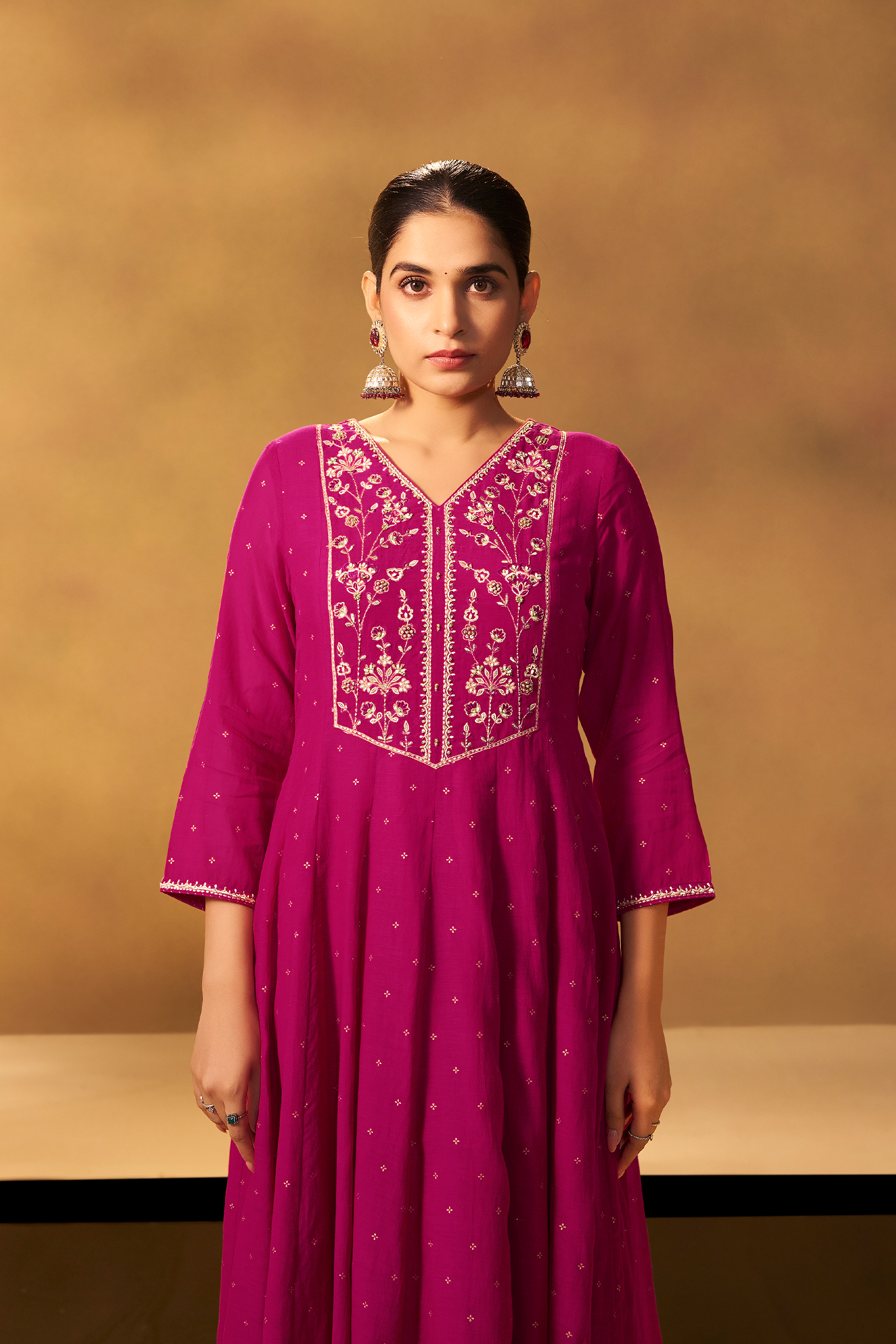 Bold Magenta Mul Chanderi Table Print Anarkali Kurta Set