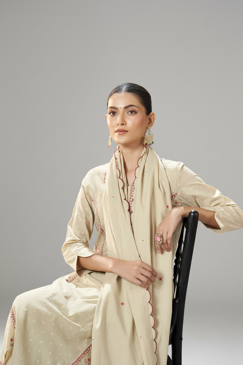Cream Taupe Table Print Embroidered Kurta Set