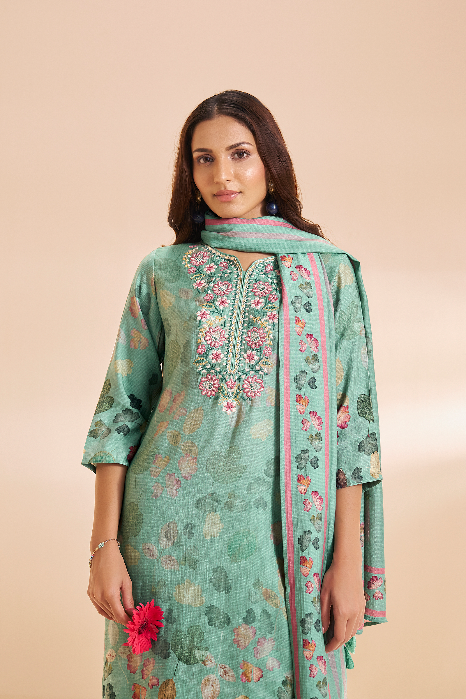 Soft Jade Digital Printed & Embroidered Viscose Kurta Set