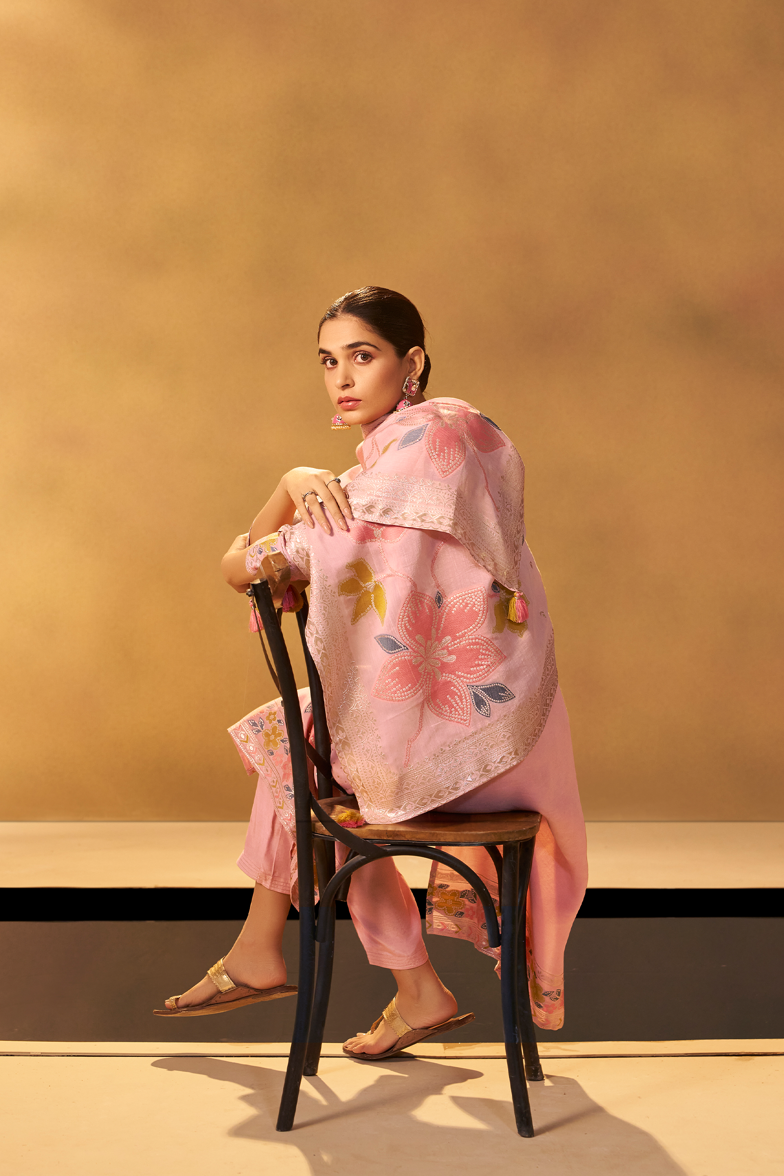 Blush Apricot Linen Jacquard Multi Meena Kurta Set