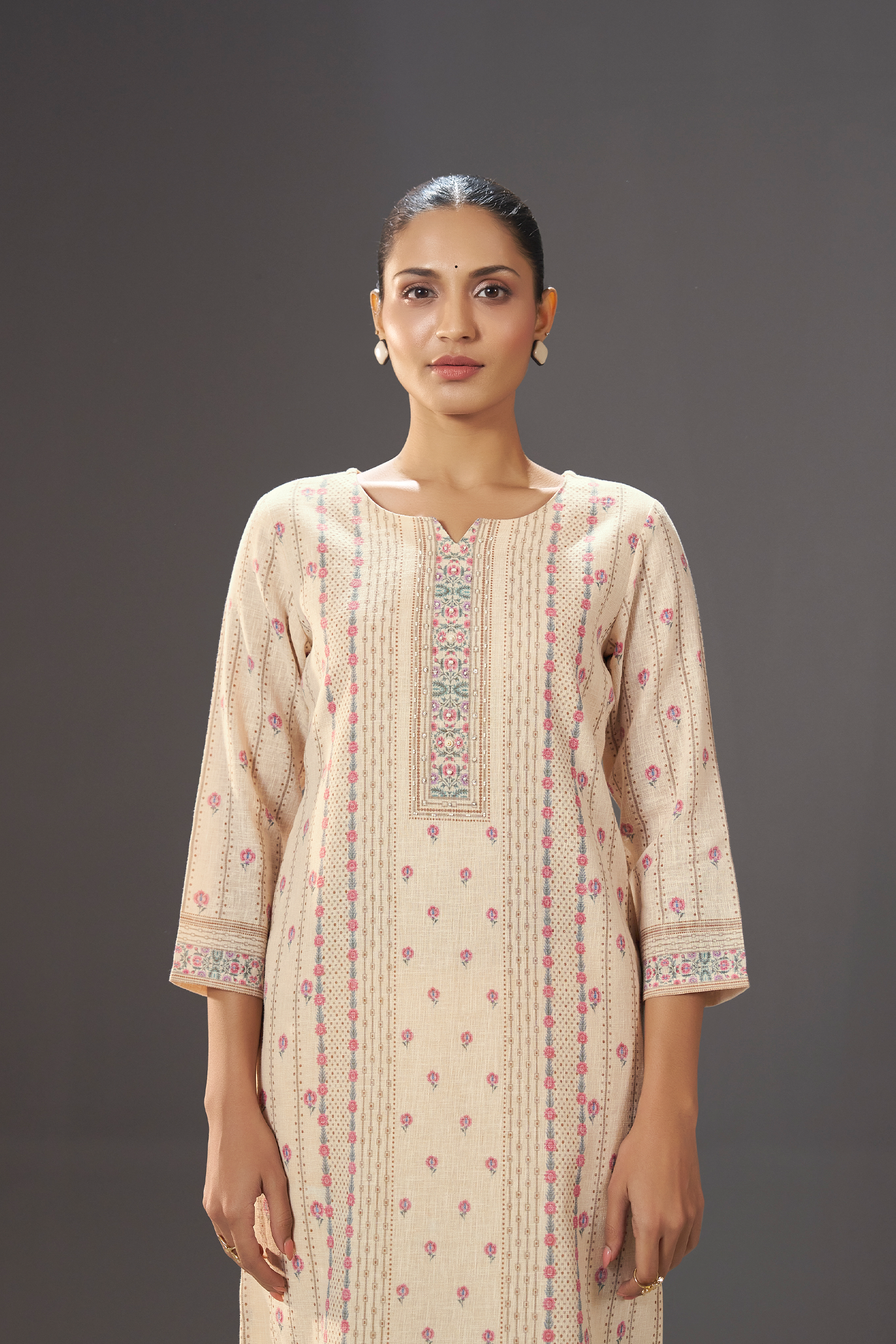 Ivory Petal Vine Linen Cotton Digital Printed Kurta Set