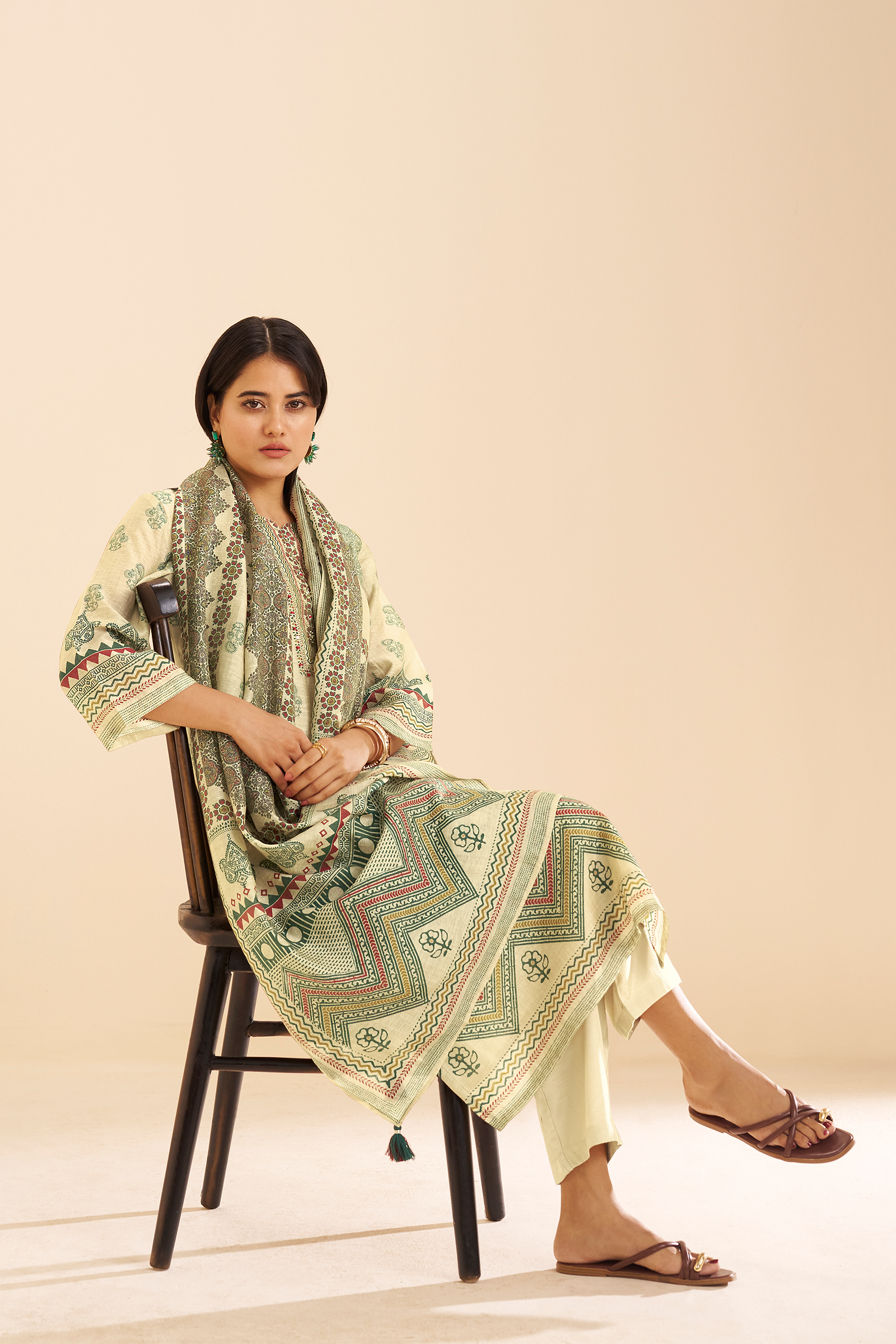 Pistachio Sage Shimmer linen Digital printed Kurta Set