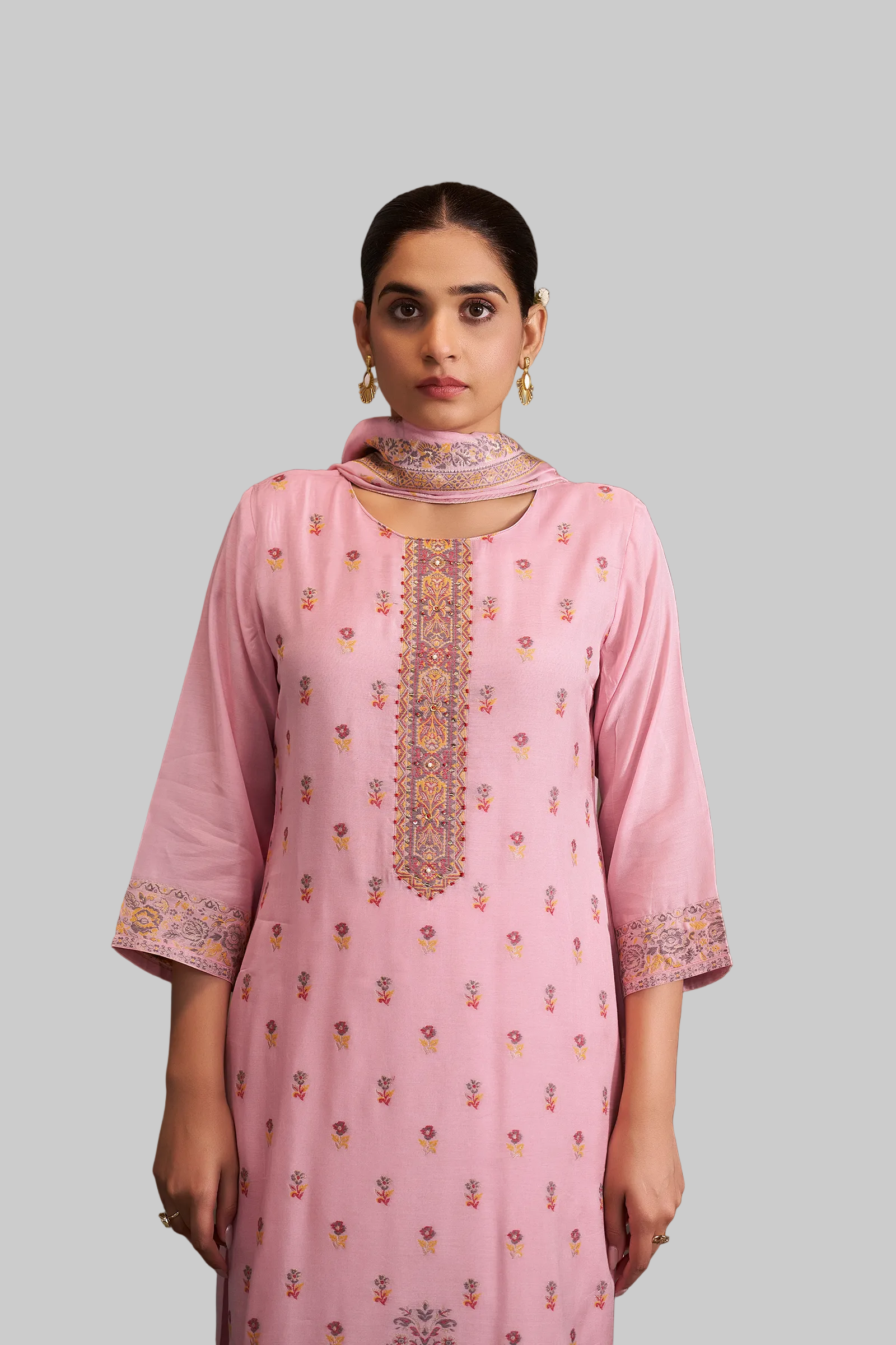 Rose Quartz Pink Chanderi Multi-Meena Work Jacquard Kurta Set