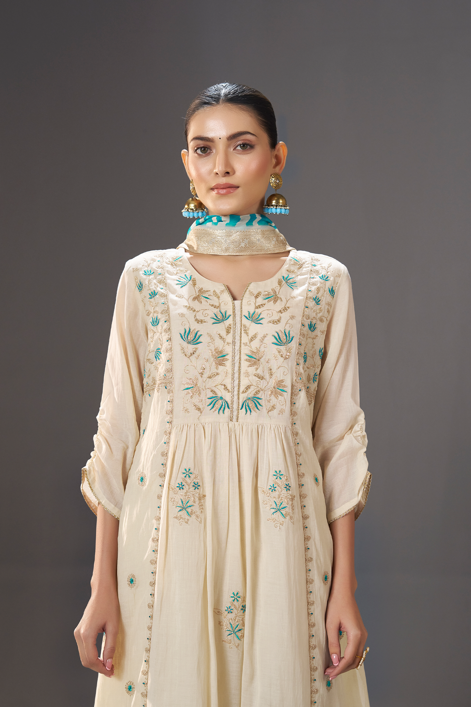 Turquoise Pearl Embroidery Kurta Set with Leheriya Dupatta