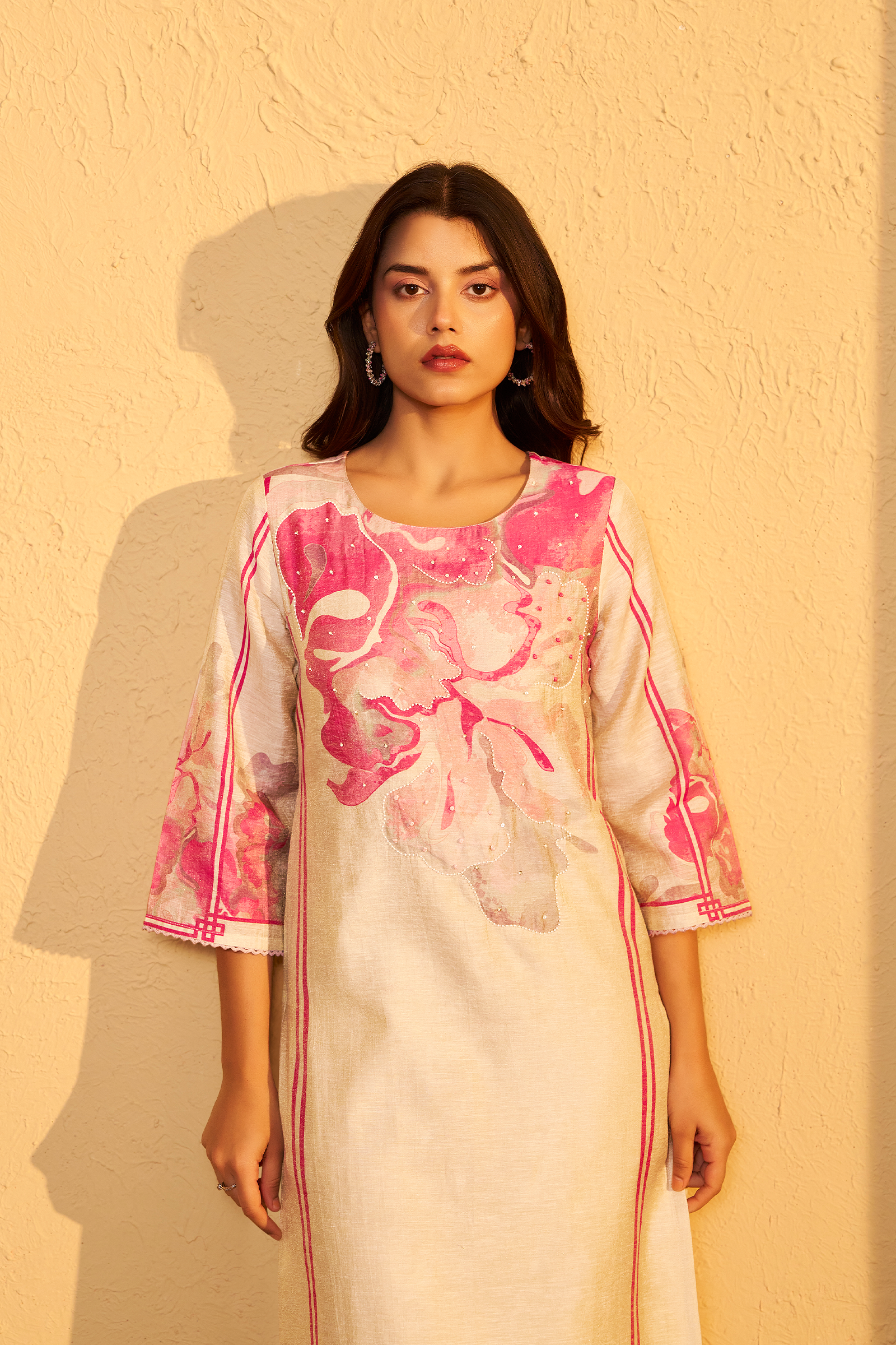 Beige Bloom Shimmer Linen Digital Print Kurta Set