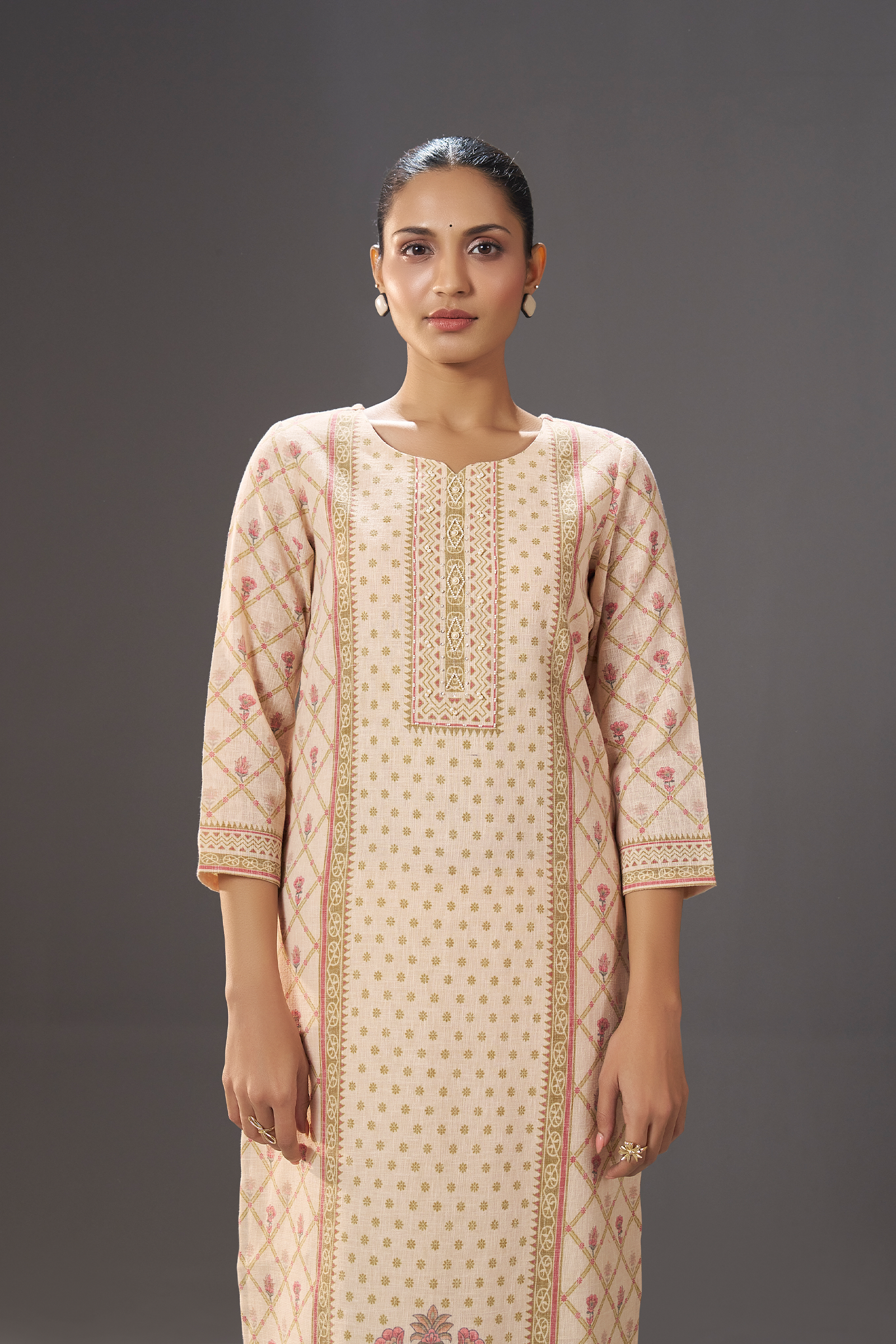 Blush Ivory Buti Linen Cotton Digital Printed Kurta Set
