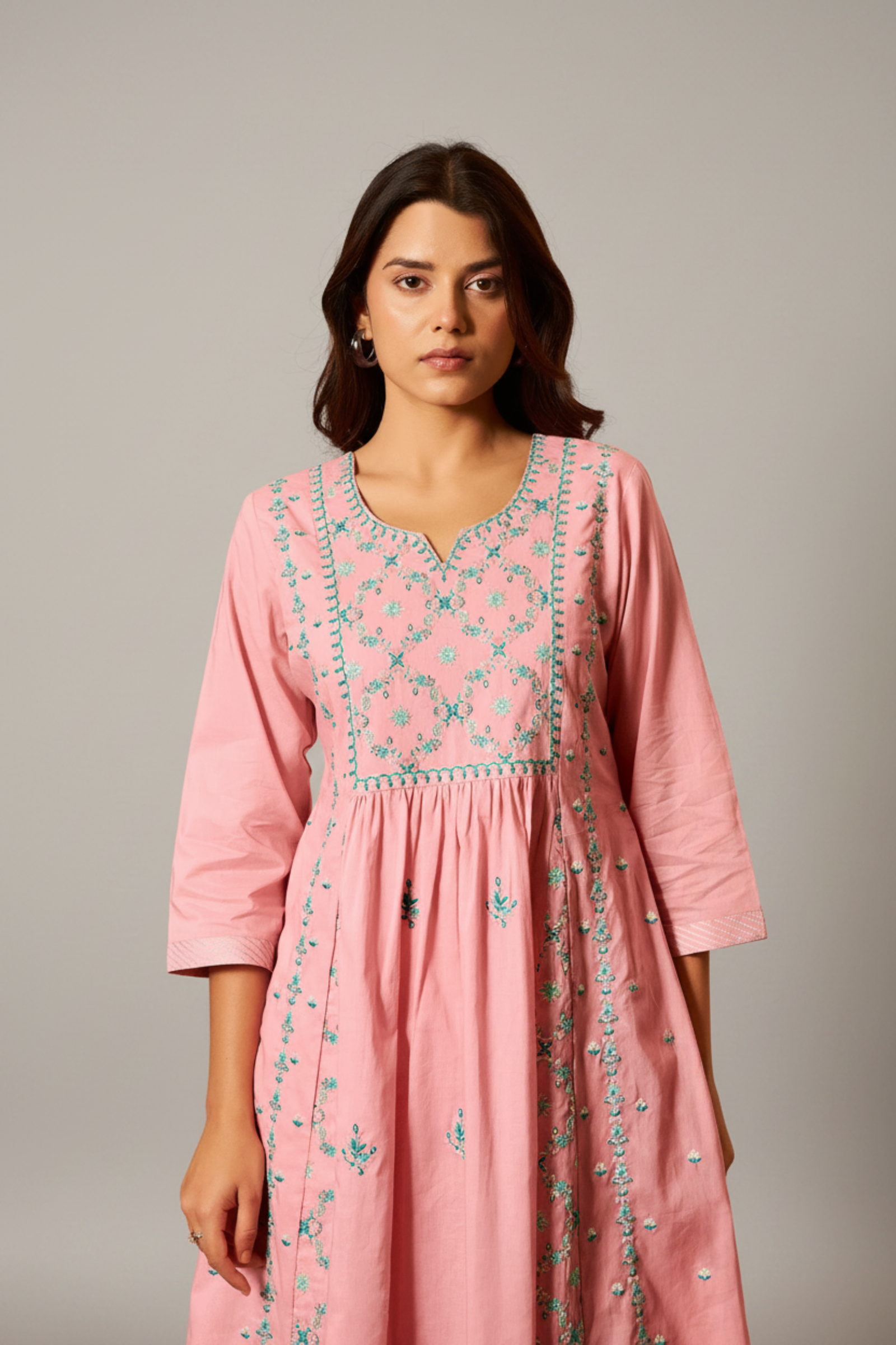 Gulabi Mist A-Line Cotton Embroidery Kurta Set