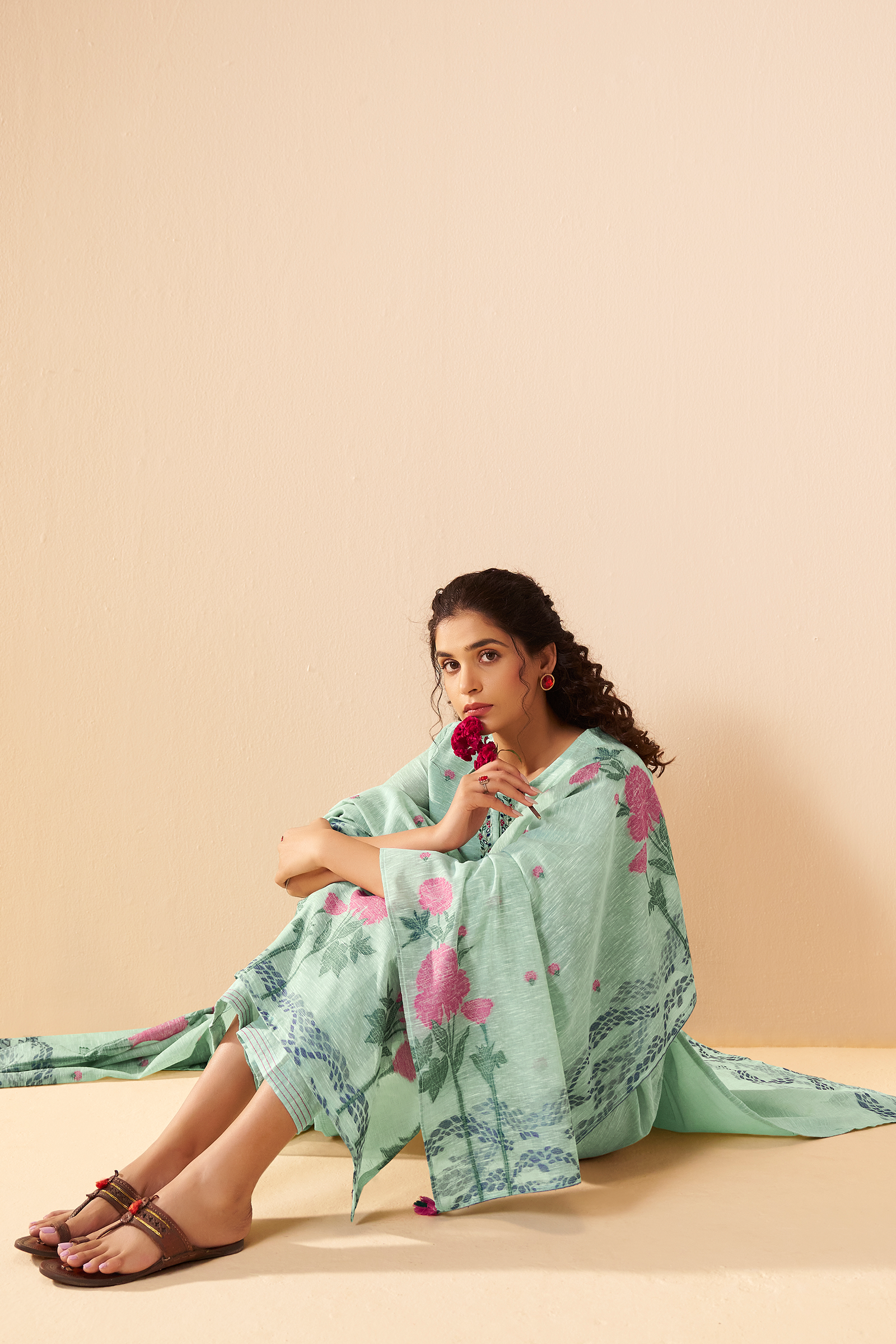 Mint Peony Linen Chanderi Jacquard Kurta Set