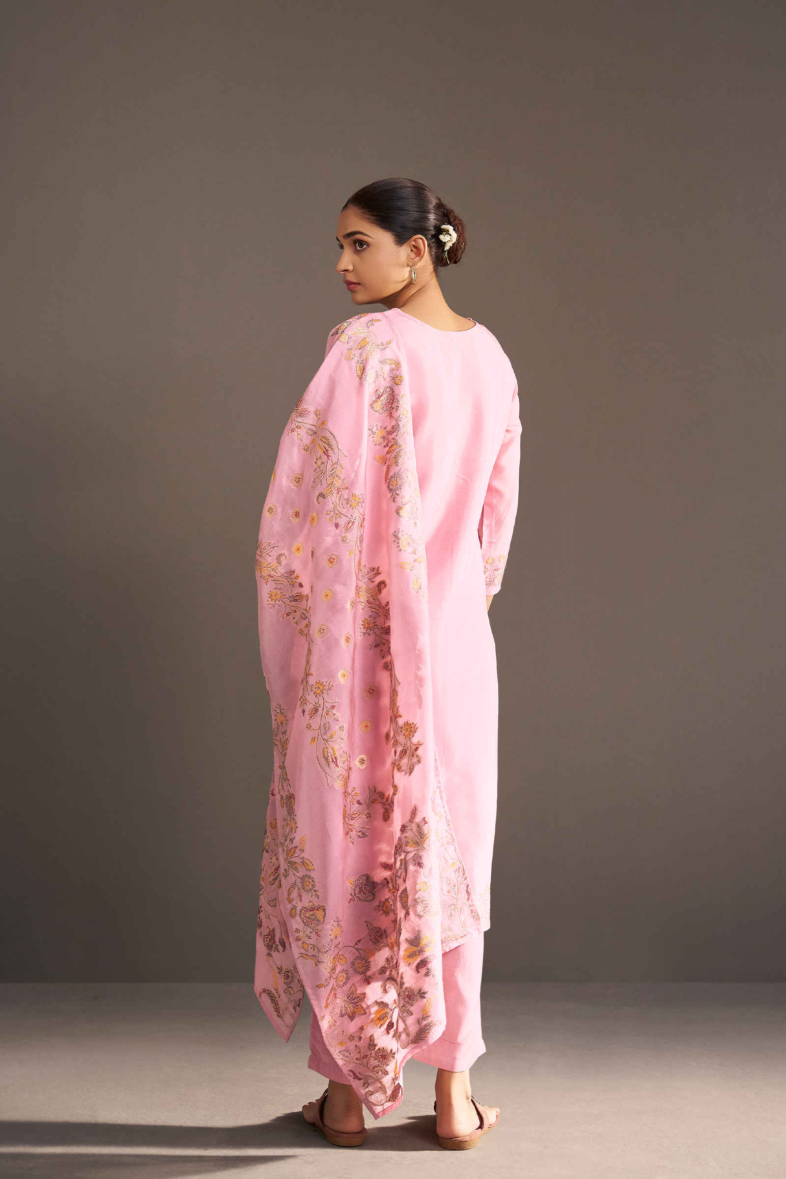 Soft Peony Chanderi Multi-Meena Work Jacquard Kurta Set