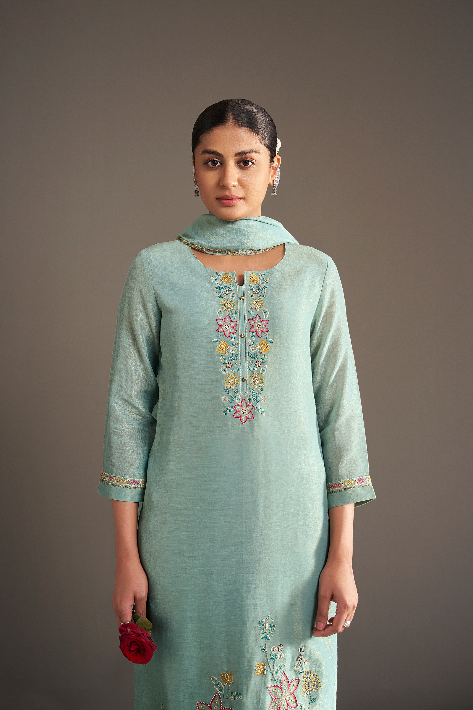 Seafoam Blue Shimmer Linen Embroidered Kurta Set