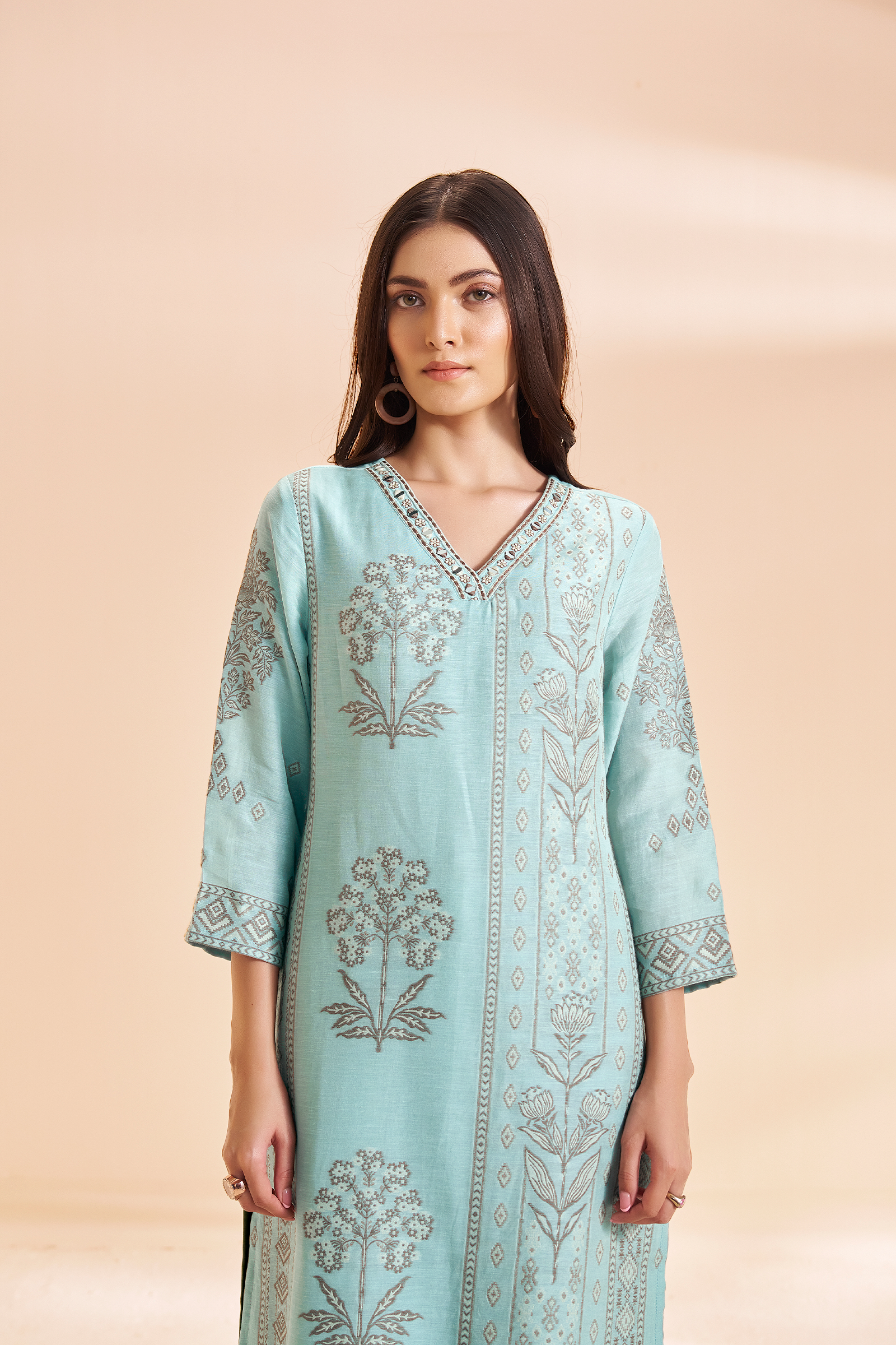 Powder Aqua Botanica Linen Jacquard Kurta set