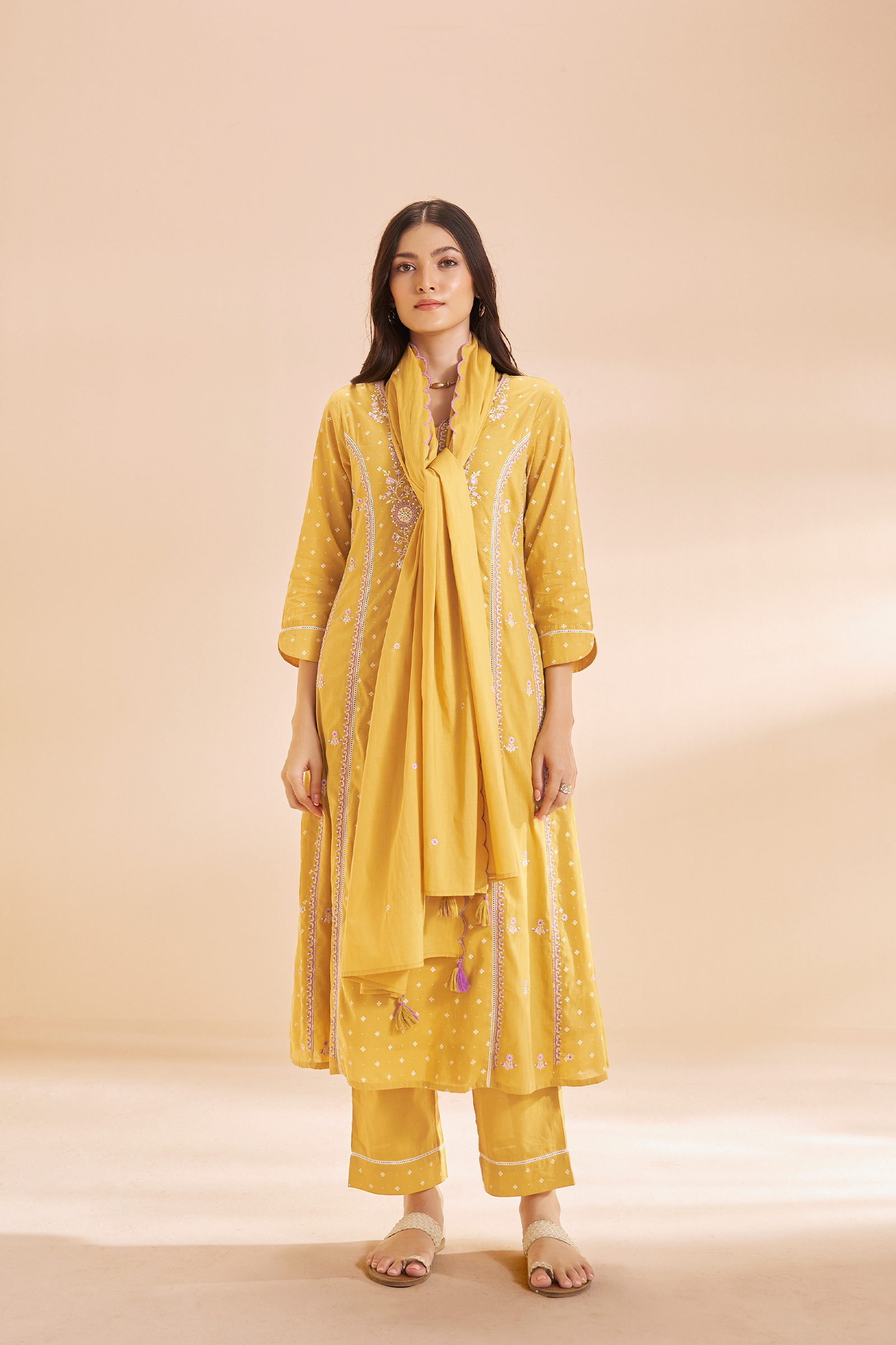 Golden Mimosa Table Print Embroidered Kurta Set
