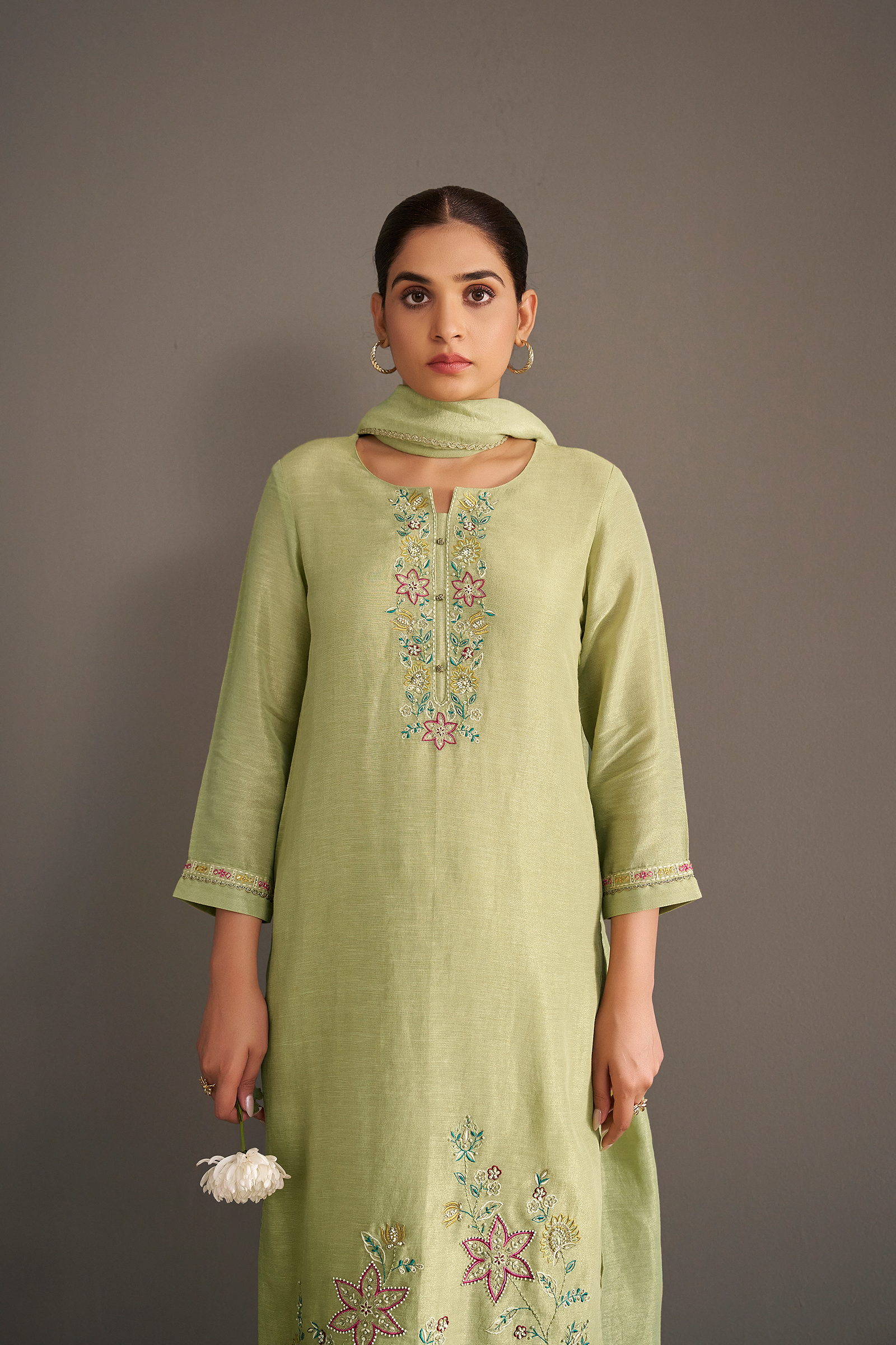 Soft Olive Shimmer Linen Embroidered Kurta Set