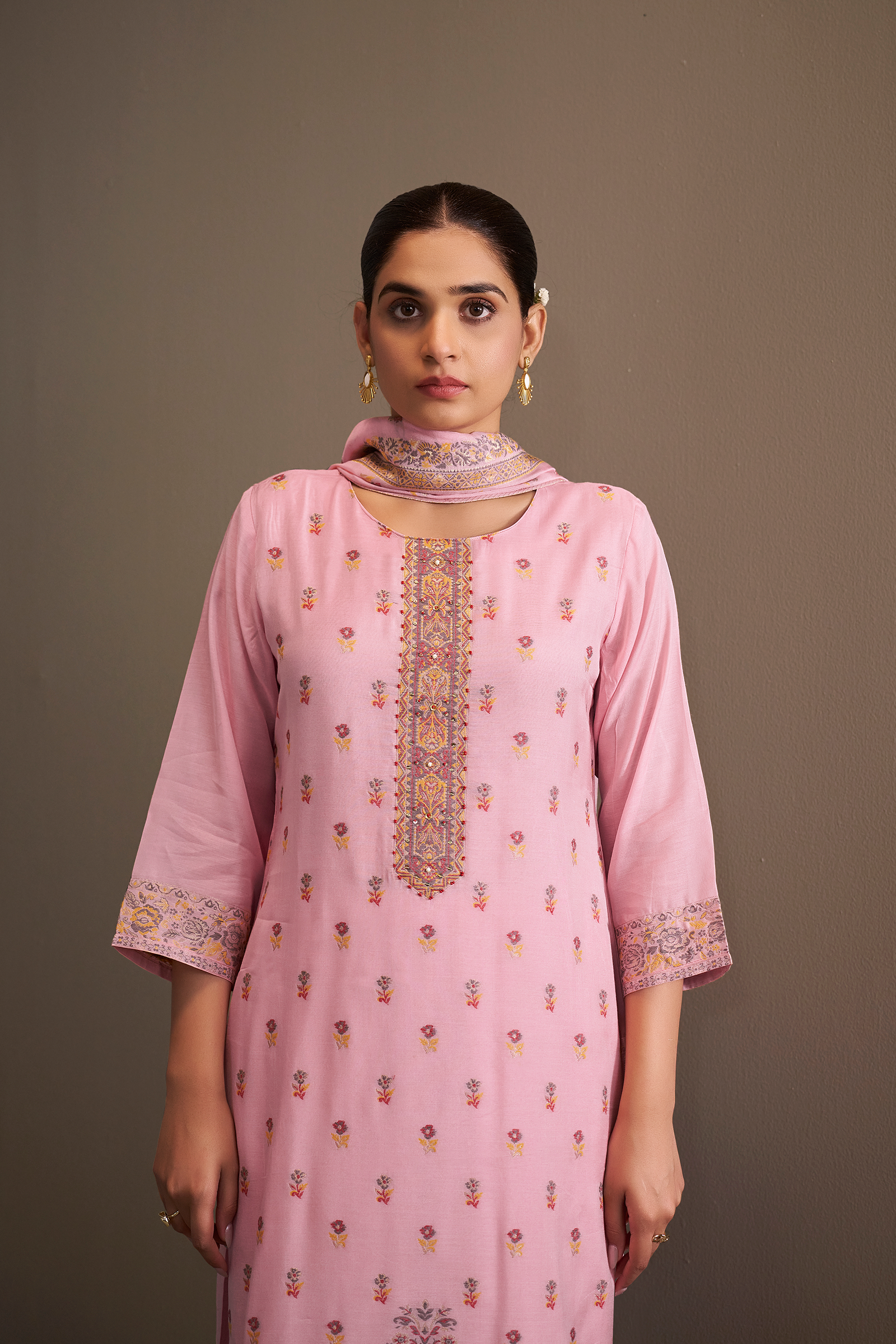 Rose Quartz Pink Chanderi Multi-Meena Work Jacquard Kurta Set