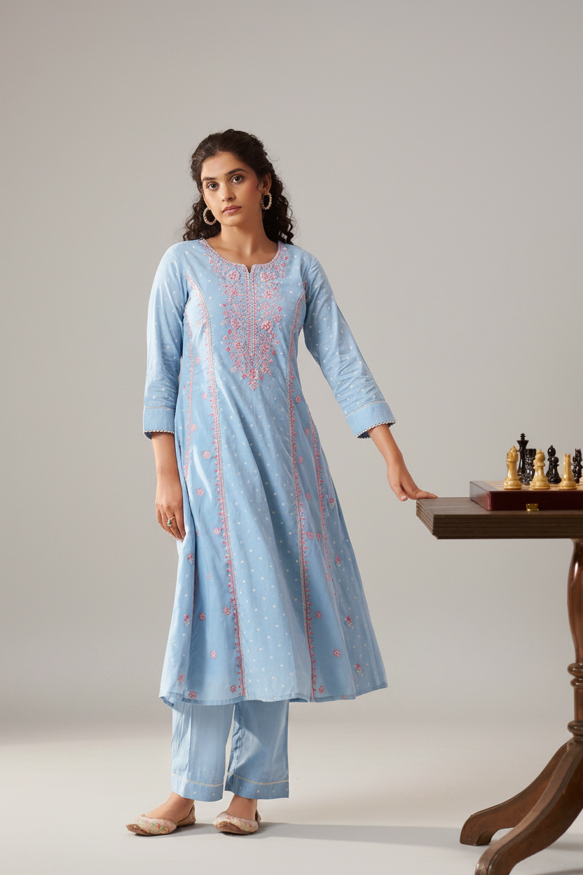 Pastel Sky Table Print Embroidered Kurta Set