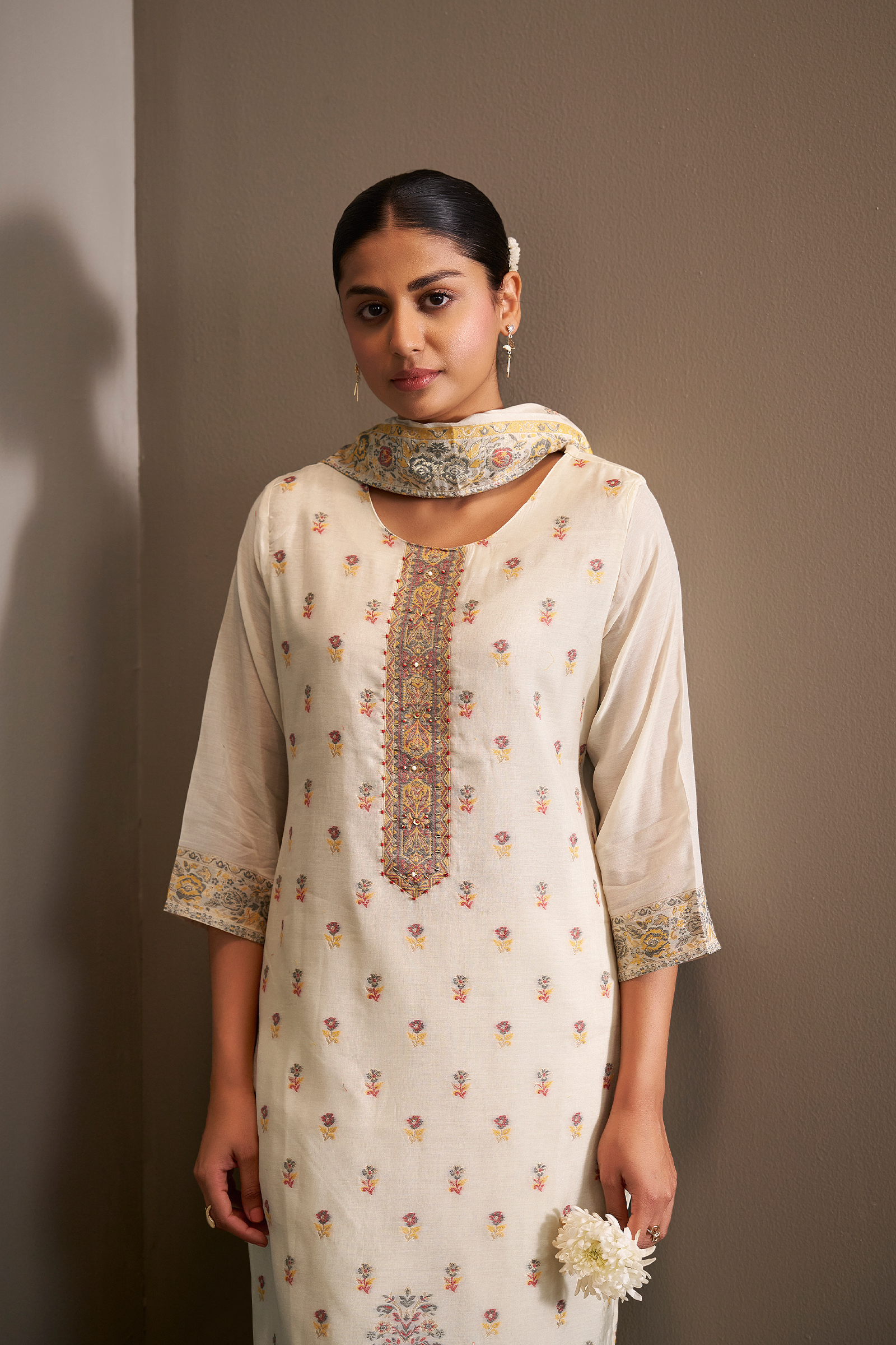 Cream Gold Chanderi Multi-Meena Jacquard Kurta Set