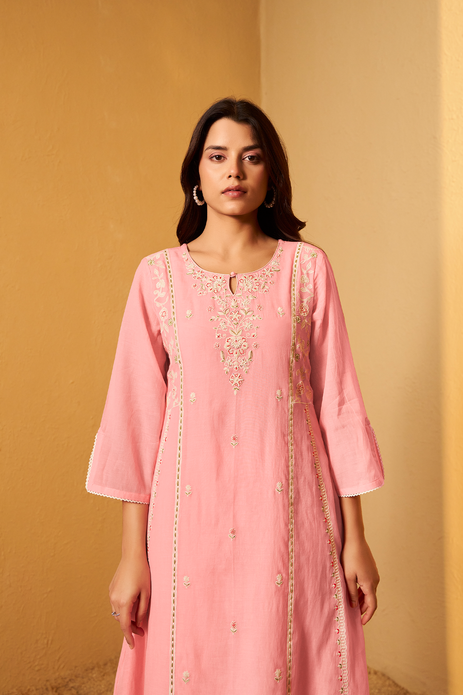 Ballet Rose Mul Chanderi A-Line Embroidery Kurta Set