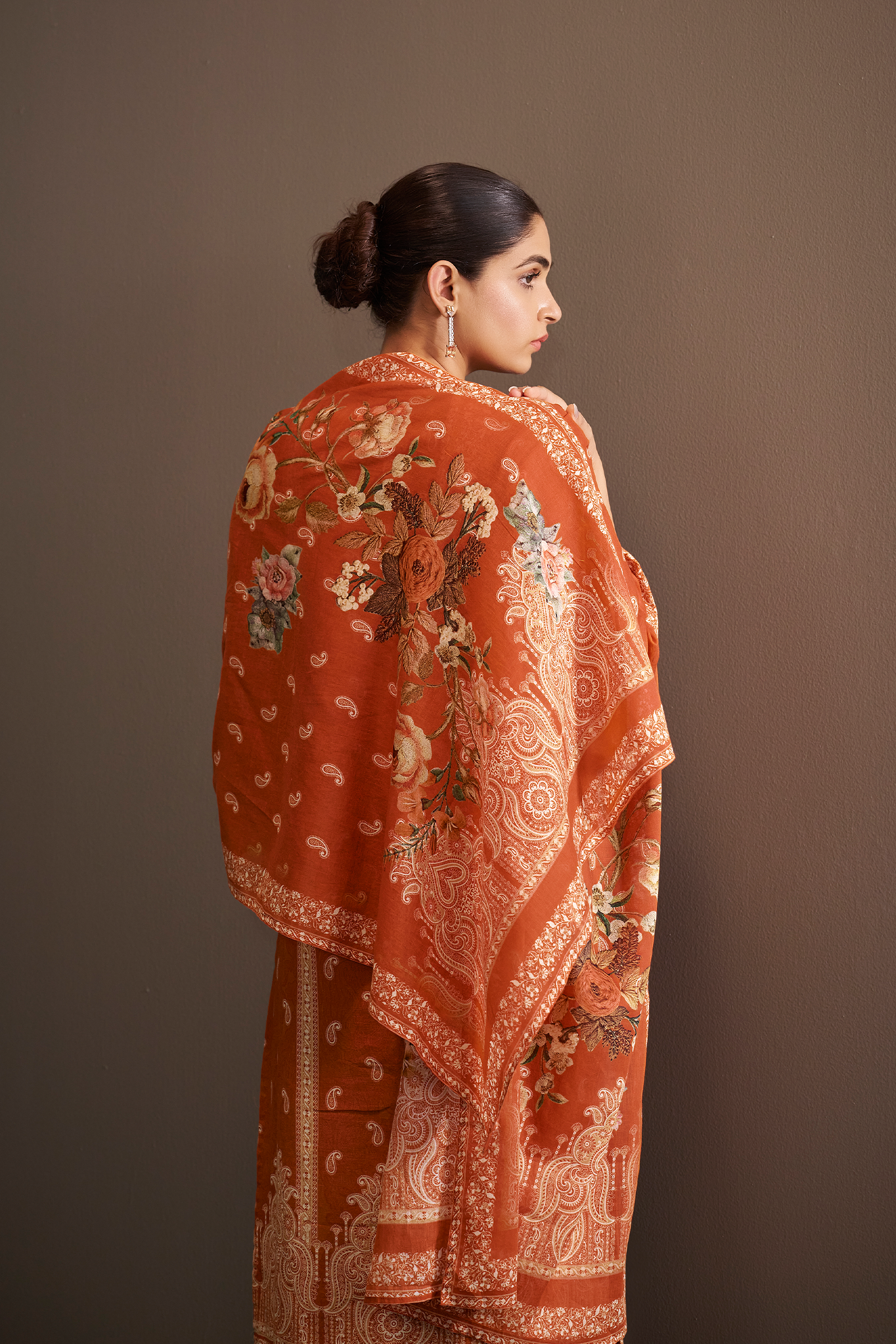 Rust Amber Cotton Linen Digital Printed Kurta Set