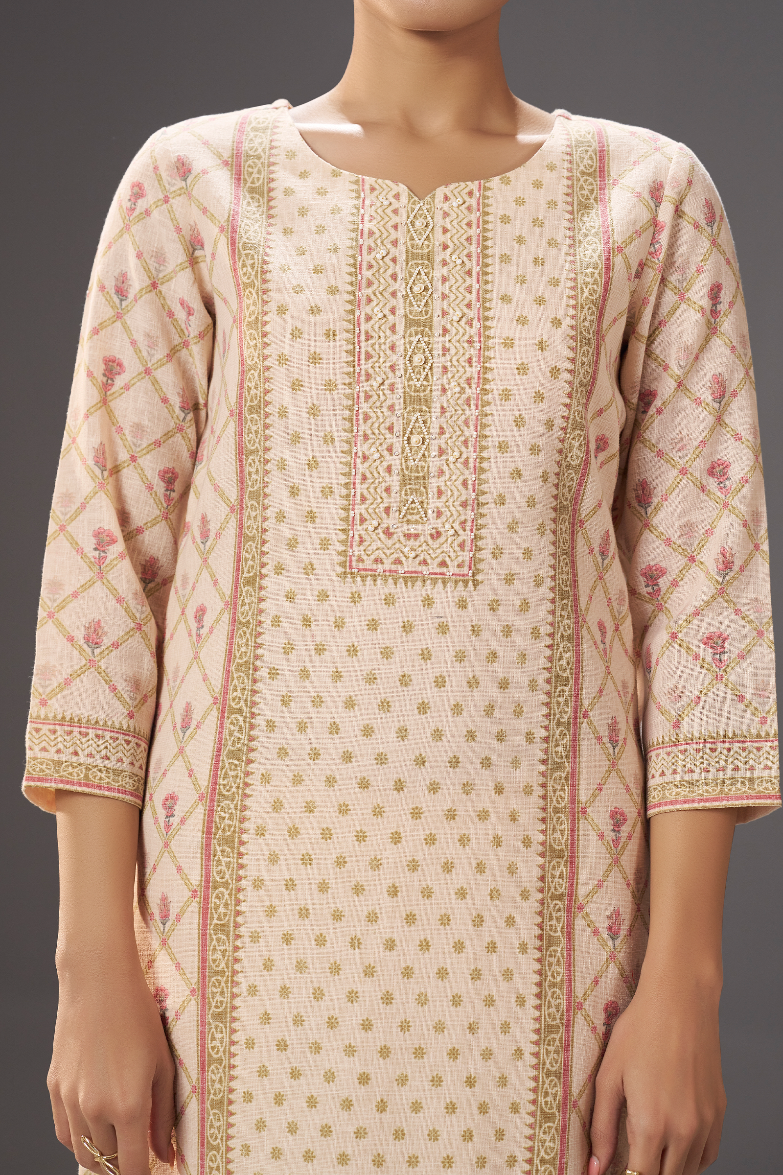 Blush Ivory Buti Linen Cotton Digital Printed Kurta Set