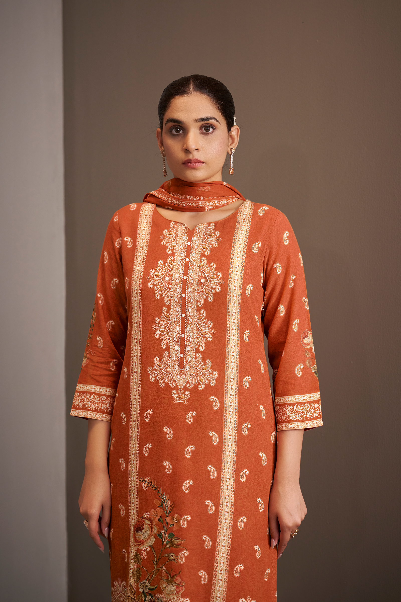Rust Amber Cotton Linen Digital Printed Kurta Set