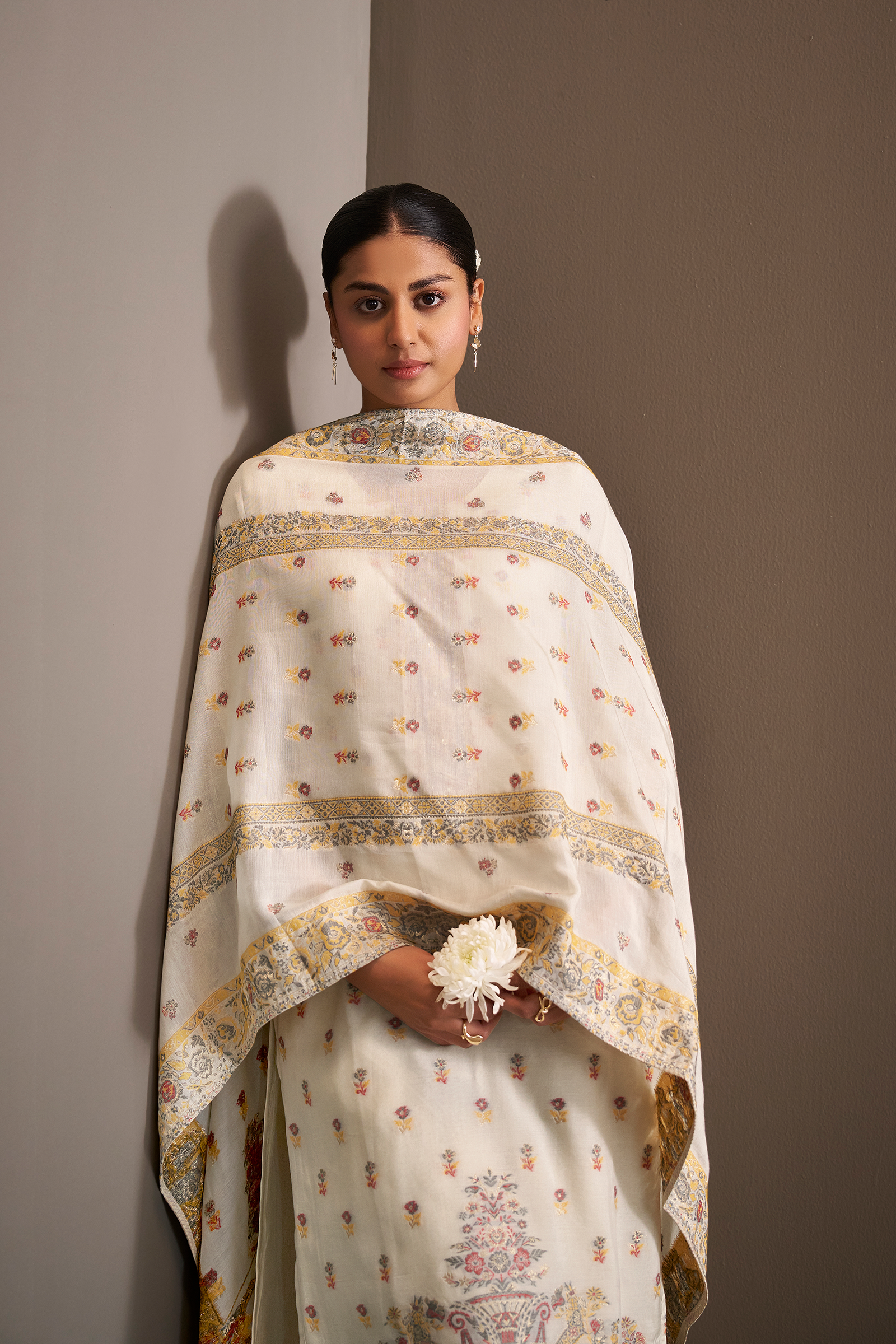 Cream Gold Chanderi Multi-Meena Jacquard Kurta Set