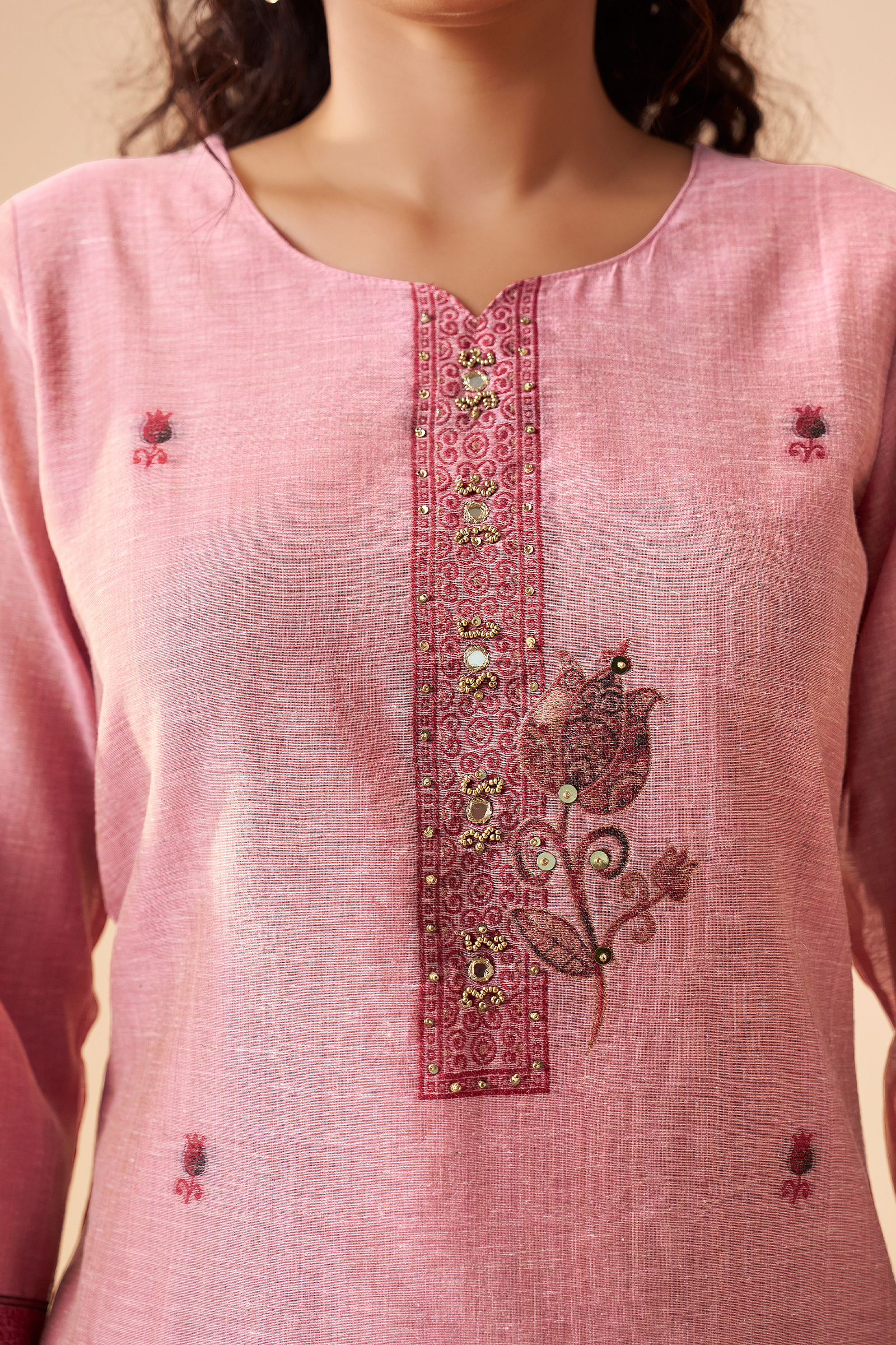 Plum Blush Linen Chanderi Jacquard Kurta Set