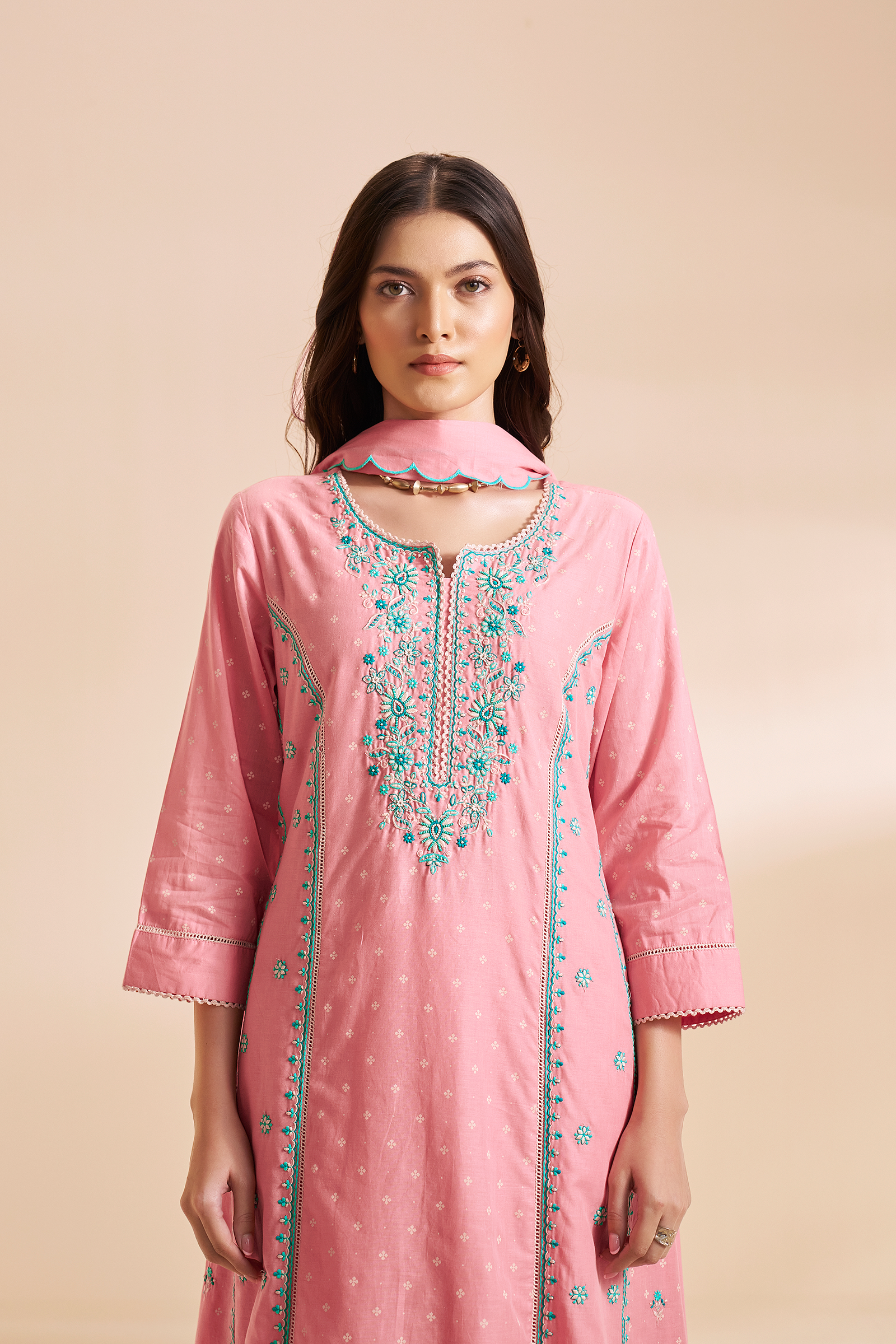 Rosy Flamingo Table Print Embroidered Kurta Set