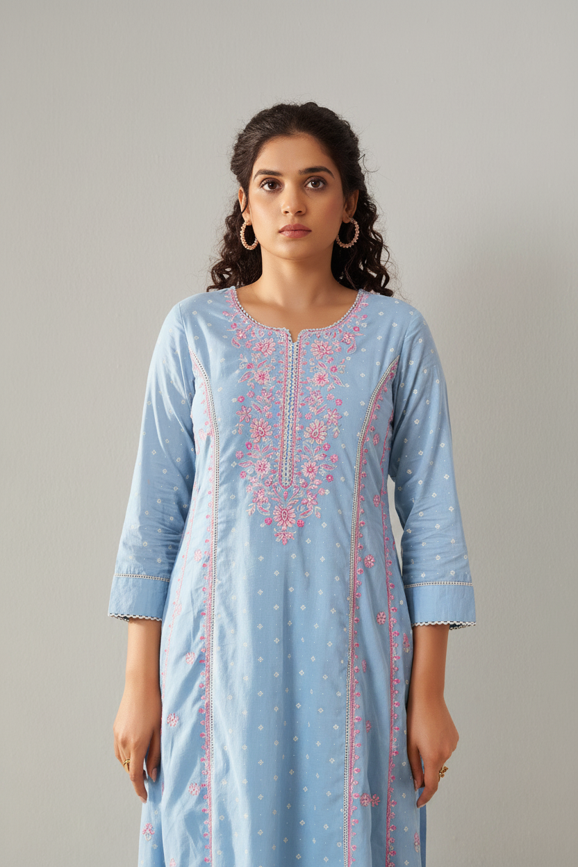 Pastel Sky Table Print Embroidered Kurta Set