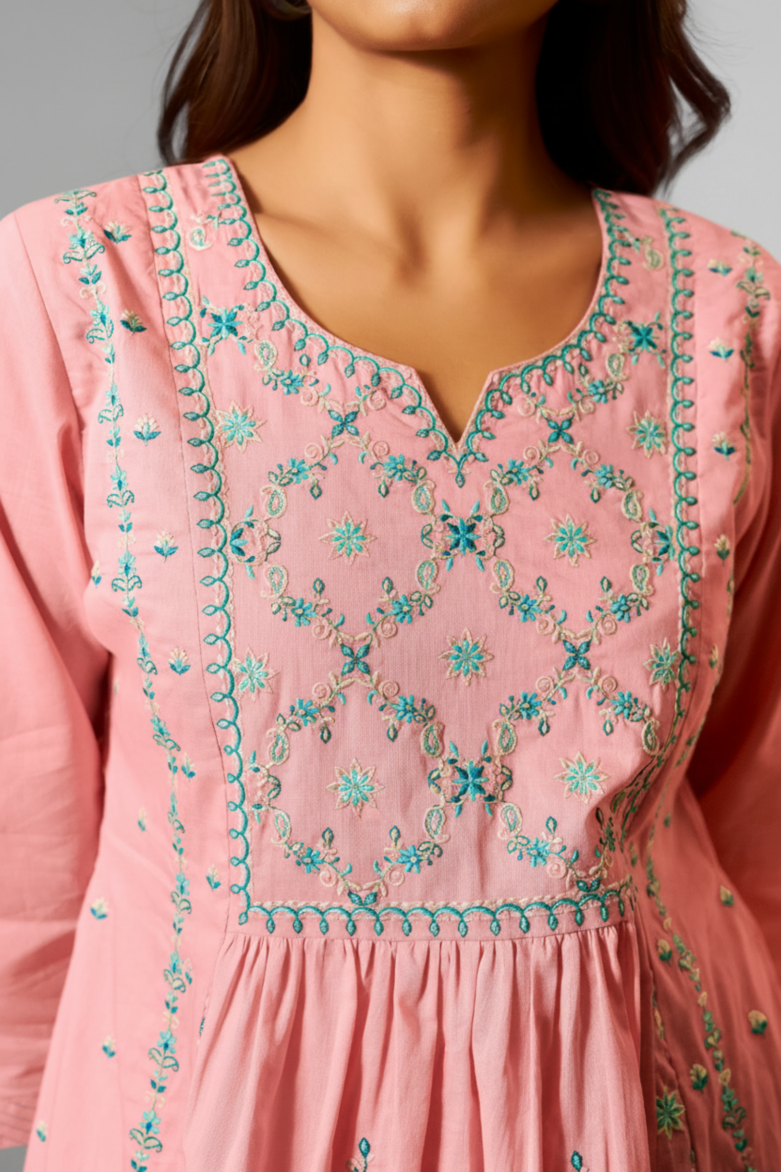 Gulabi Mist A-Line Cotton Embroidery Kurta Set
