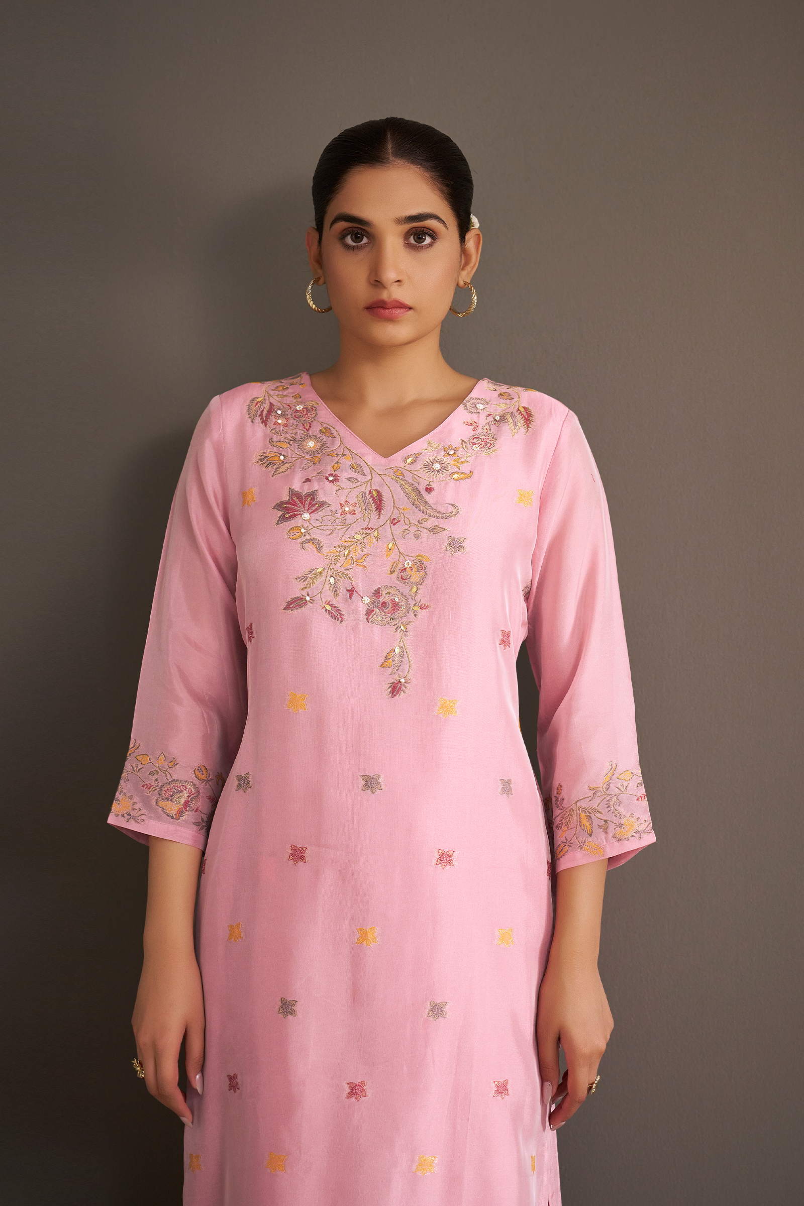 Soft Peony Chanderi Multi-Meena Work Jacquard Kurta Set