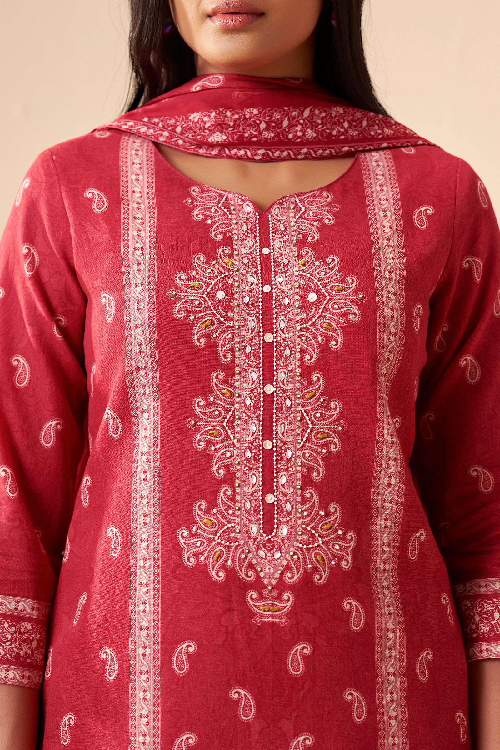 Carmine Floral Cotton Linen Digital Printed Kurta Set