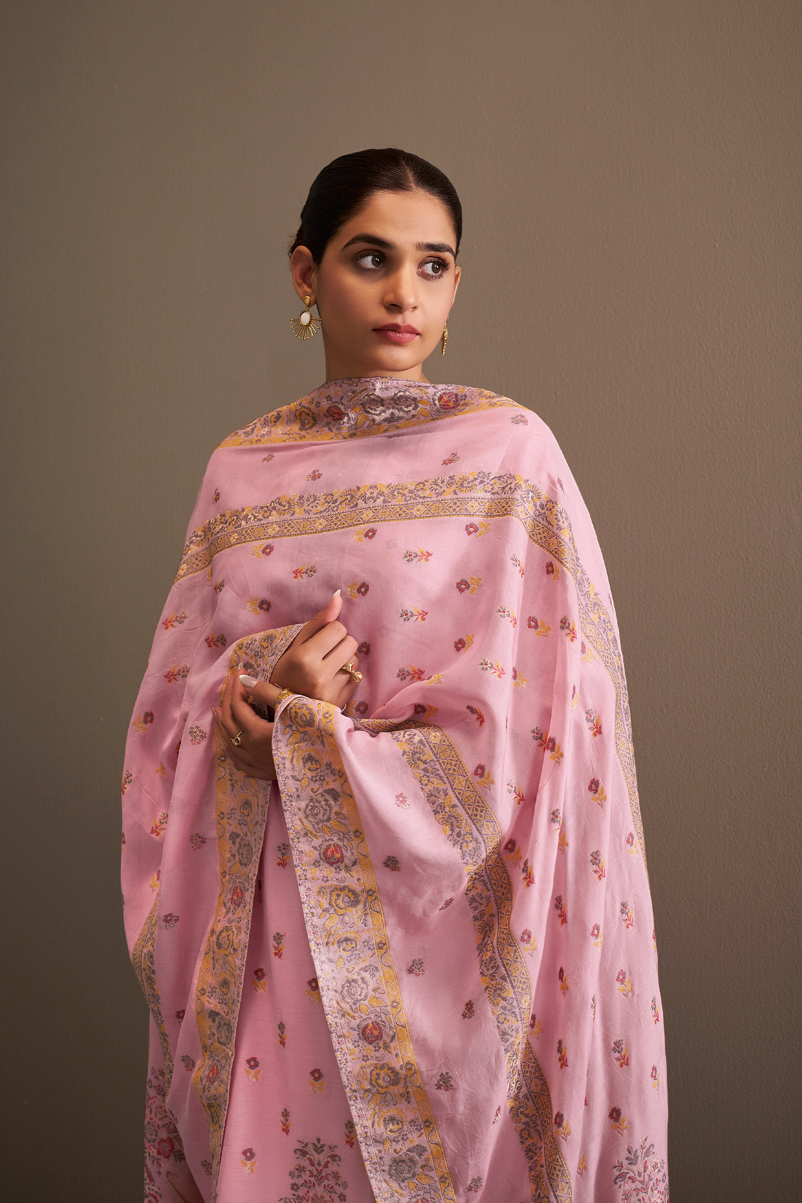 Rose Quartz Pink Chanderi Multi-Meena Work Jacquard Kurta Set