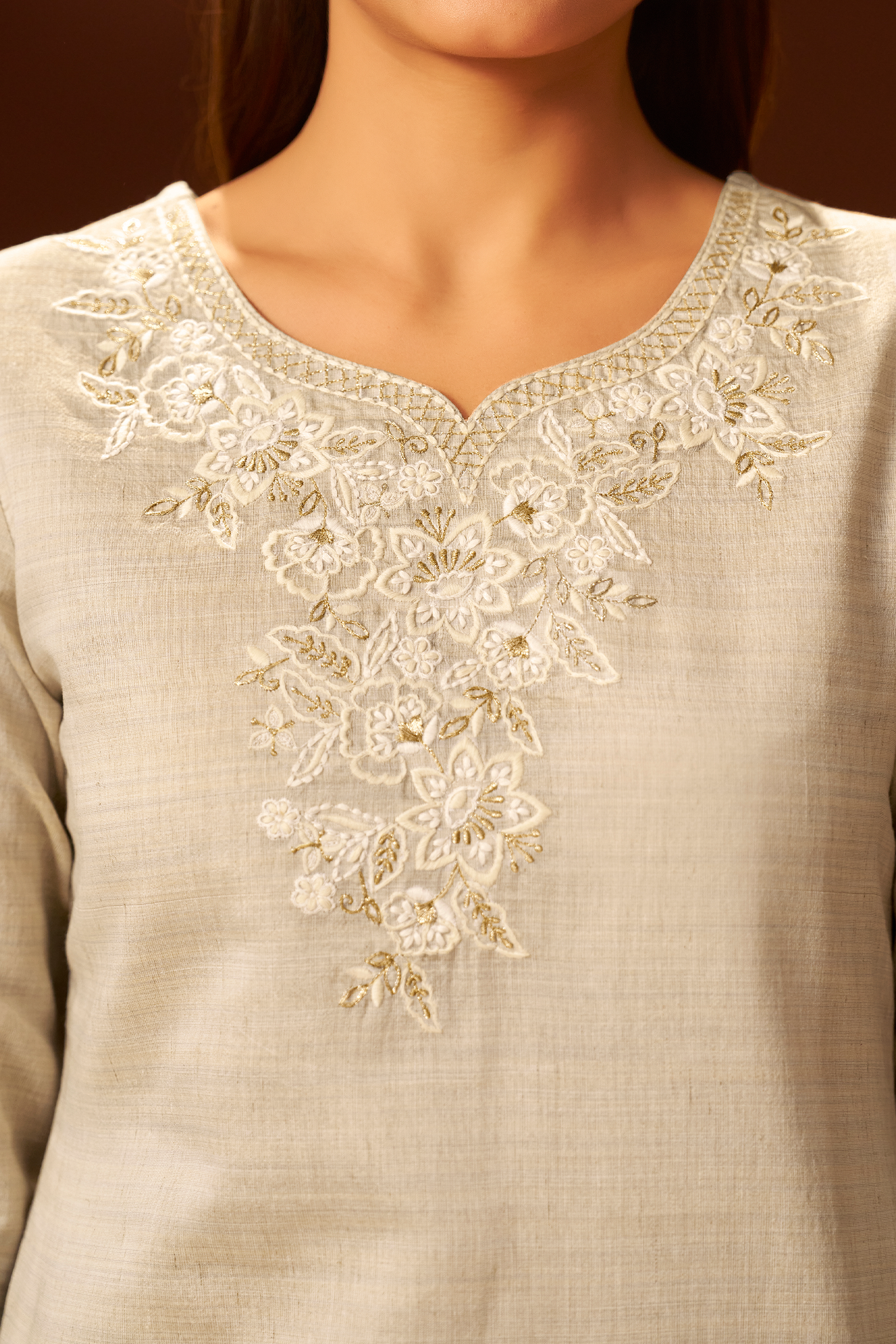 Mushroom Beige Chanderi Embroidery Kurta Set