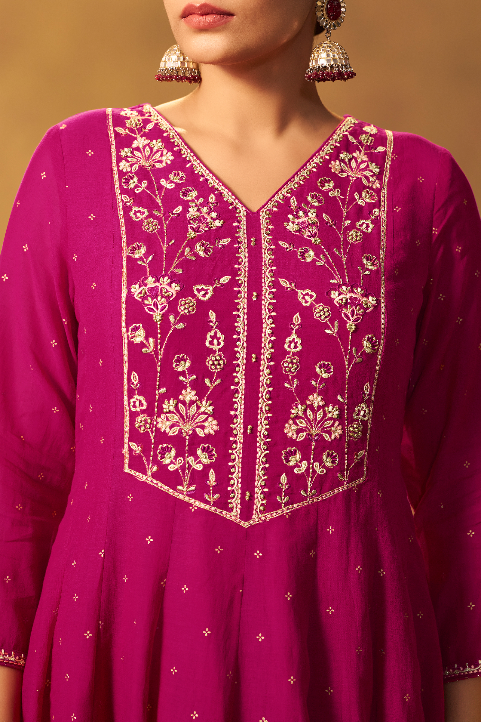 Bold Magenta Mul Chanderi Table Print Anarkali Kurta Set