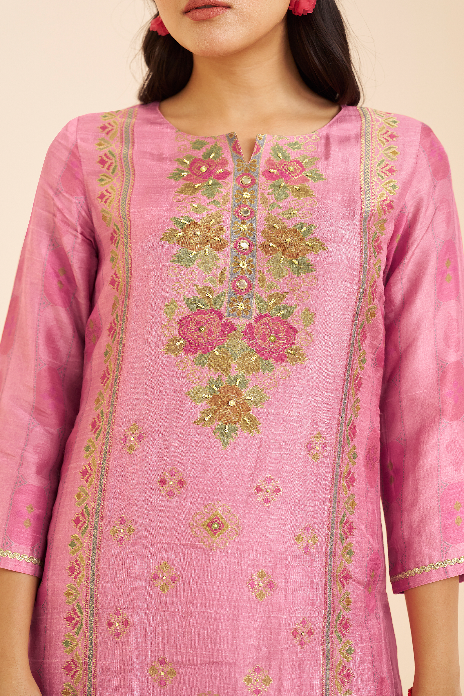 Rose Reverie Printed Viscose Jacquard Kurta Set