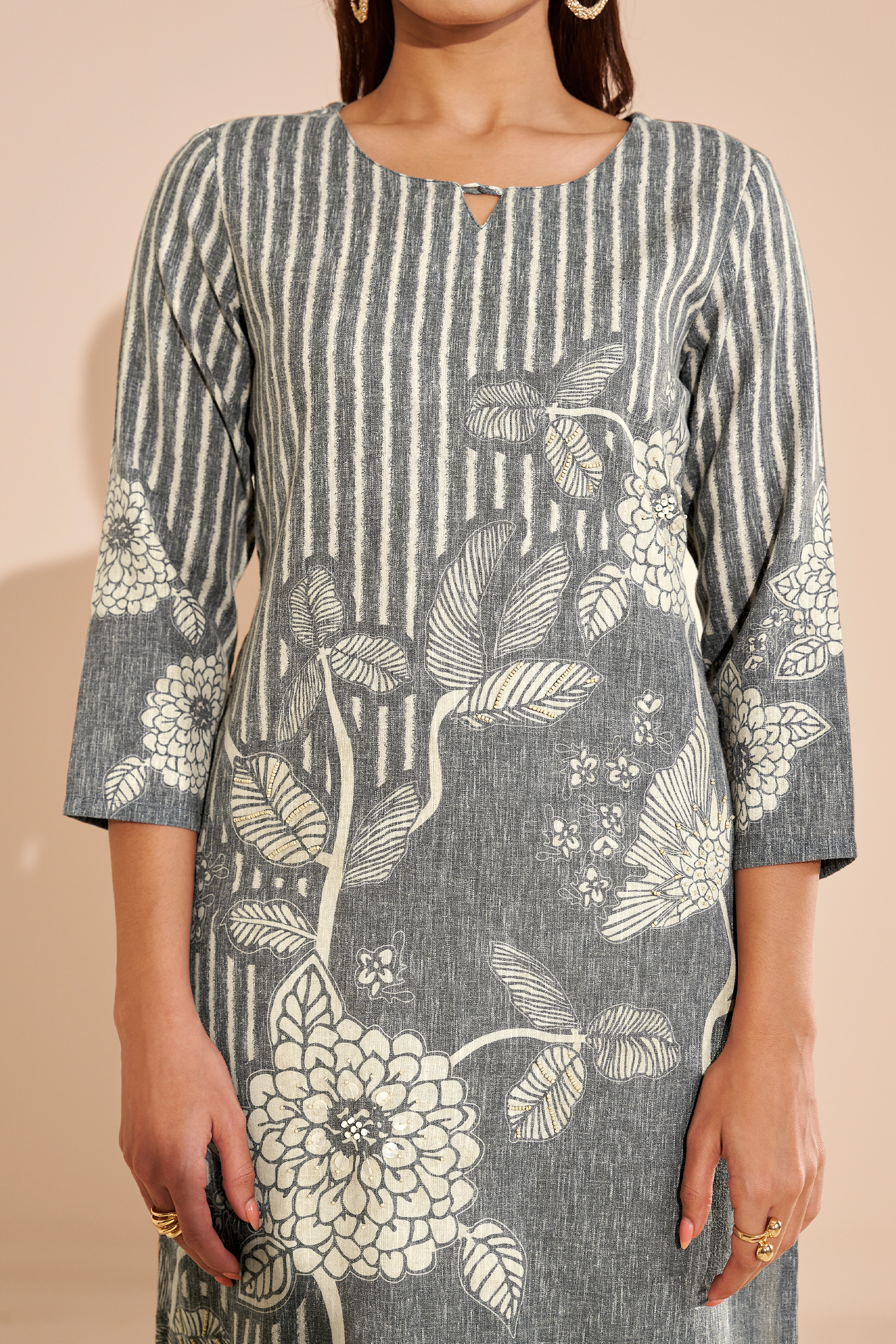 Ash Grey Cotton Linen Digital Printed Kurta Set